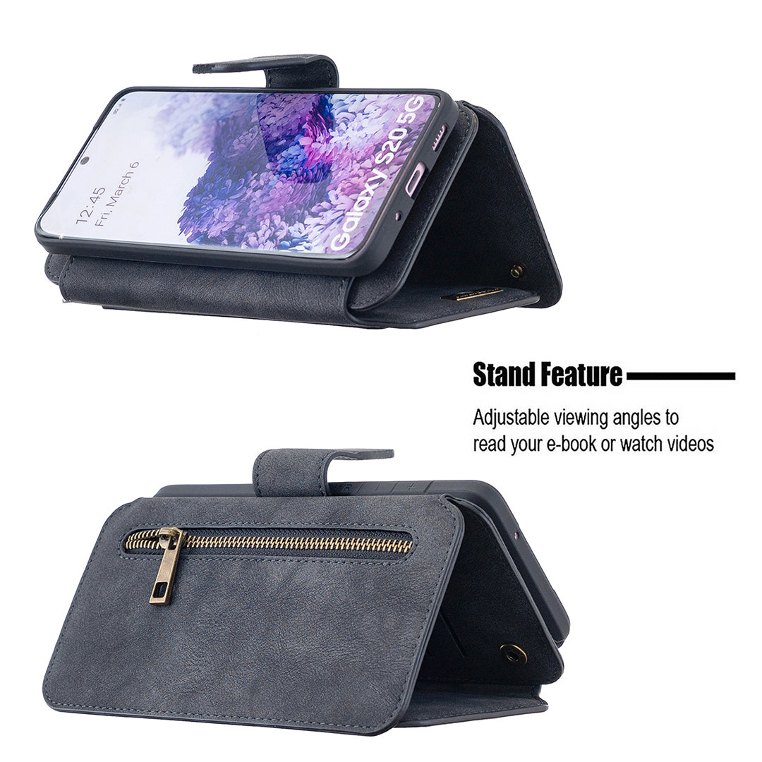 Detachable Matte Finish Leather Wallet Phone Cover with Zippered Pocket for Samsung Galaxy S20 4G/S20 5G - Black