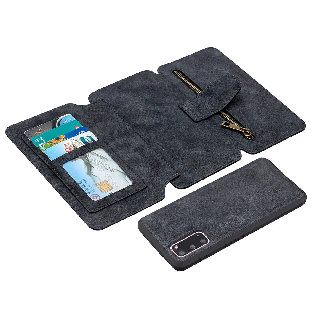 Detachable Matte Finish Leather Wallet Phone Cover with Zippered Pocket for Samsung Galaxy S20 4G/S20 5G - Black