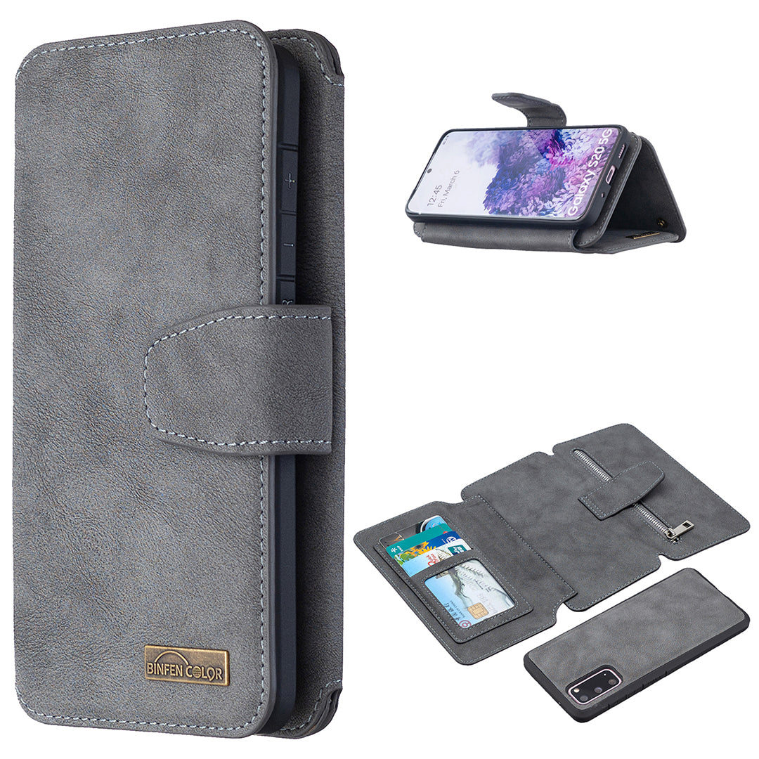 Detachable Matte Finish Leather Wallet Phone Cover with Zippered Pocket for Samsung Galaxy S20 4G/S20 5G - Grey