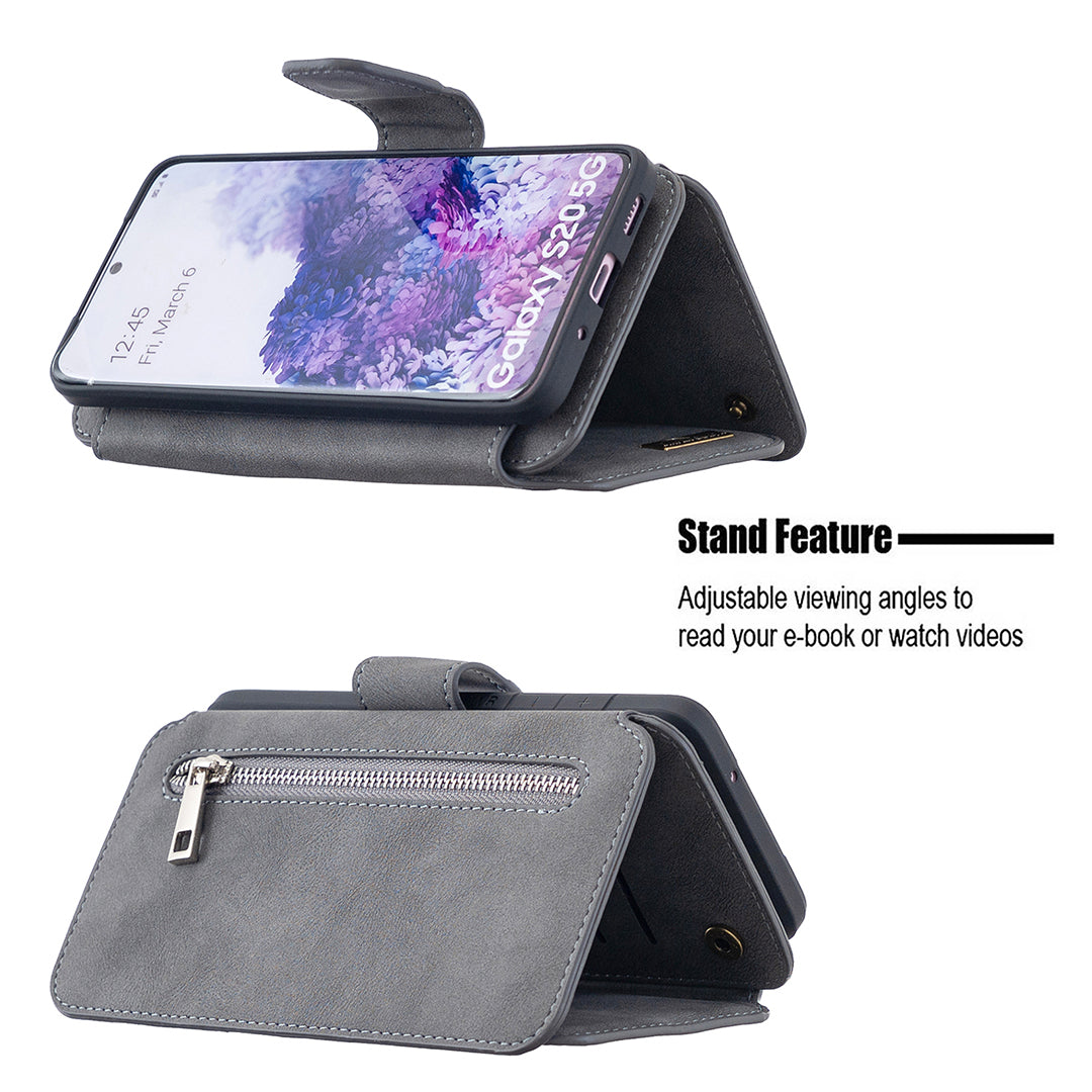 Detachable Matte Finish Leather Wallet Phone Cover with Zippered Pocket for Samsung Galaxy S20 4G/S20 5G - Grey