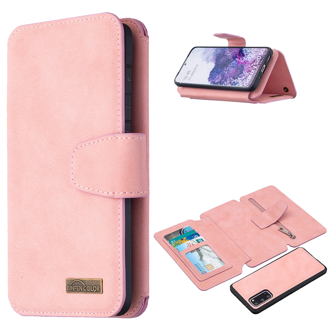 Detachable Matte Finish Leather Wallet Phone Cover with Zippered Pocket for Samsung Galaxy S20 4G/S20 5G - Pink