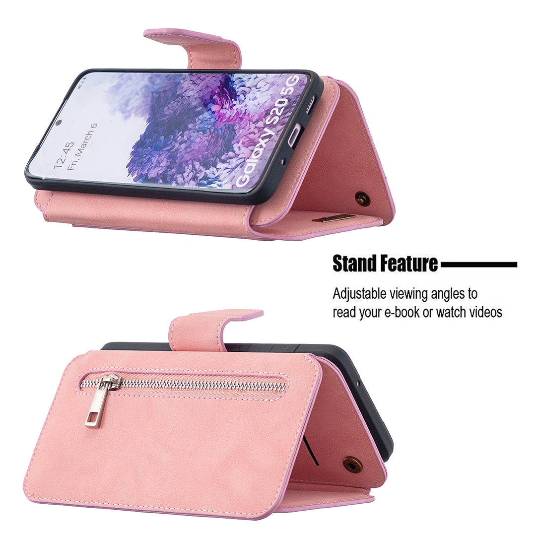 Detachable Matte Finish Leather Wallet Phone Cover with Zippered Pocket for Samsung Galaxy S20 4G/S20 5G - Pink