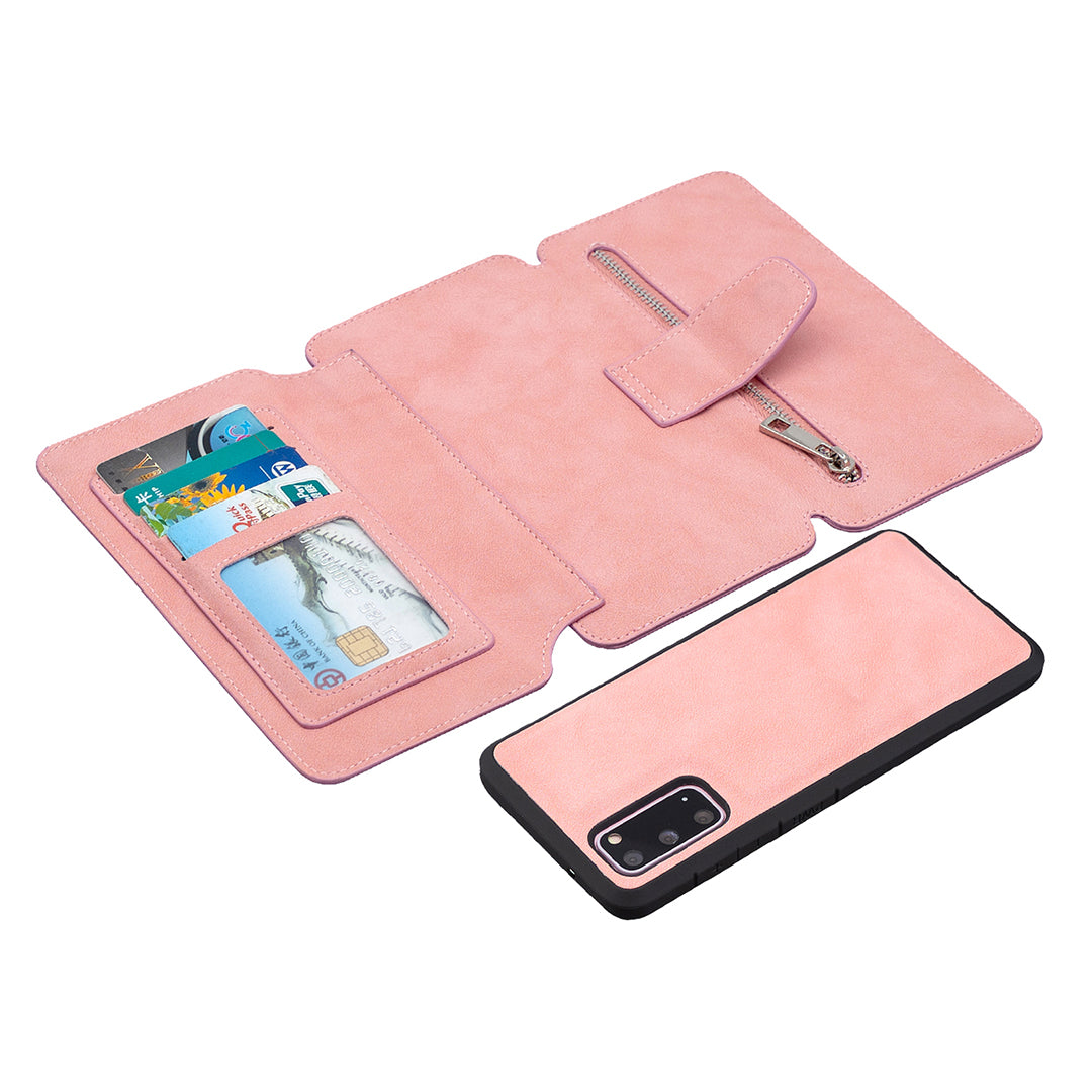 Detachable Matte Finish Leather Wallet Phone Cover with Zippered Pocket for Samsung Galaxy S20 4G/S20 5G - Pink