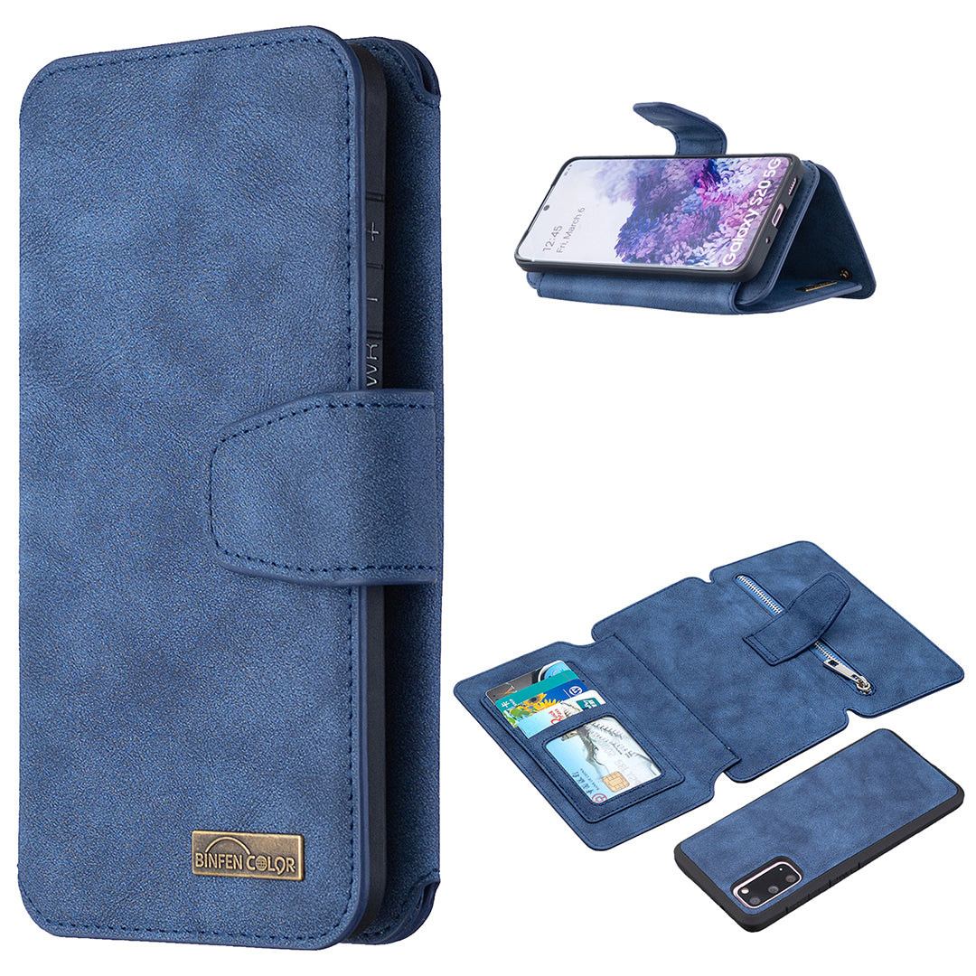 Detachable Matte Finish Leather Wallet Phone Cover with Zippered Pocket for Samsung Galaxy S20 4G/S20 5G - Blue