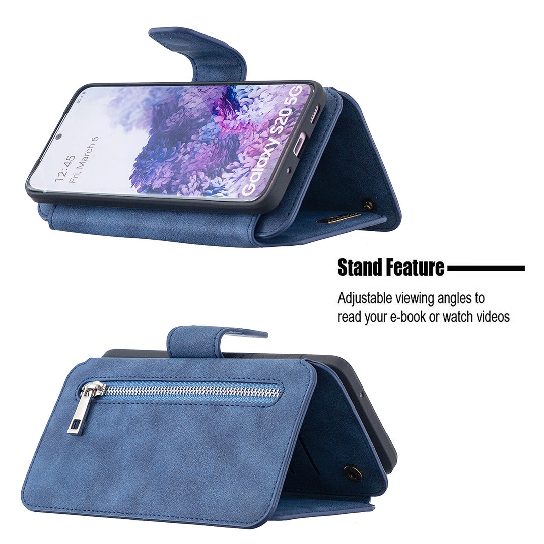 Detachable Matte Finish Leather Wallet Phone Cover with Zippered Pocket for Samsung Galaxy S20 4G/S20 5G - Blue