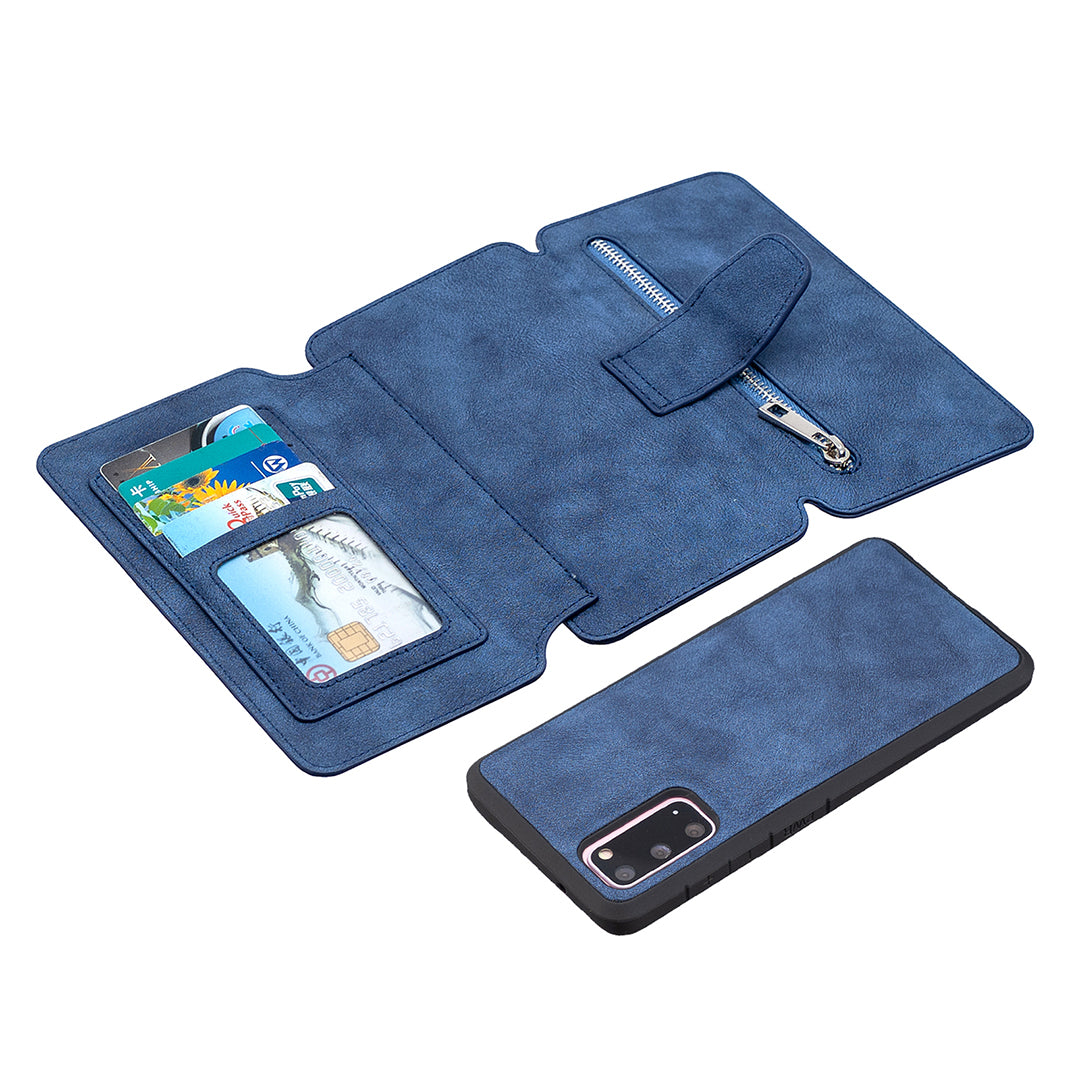 Detachable Matte Finish Leather Wallet Phone Cover with Zippered Pocket for Samsung Galaxy S20 4G/S20 5G - Blue