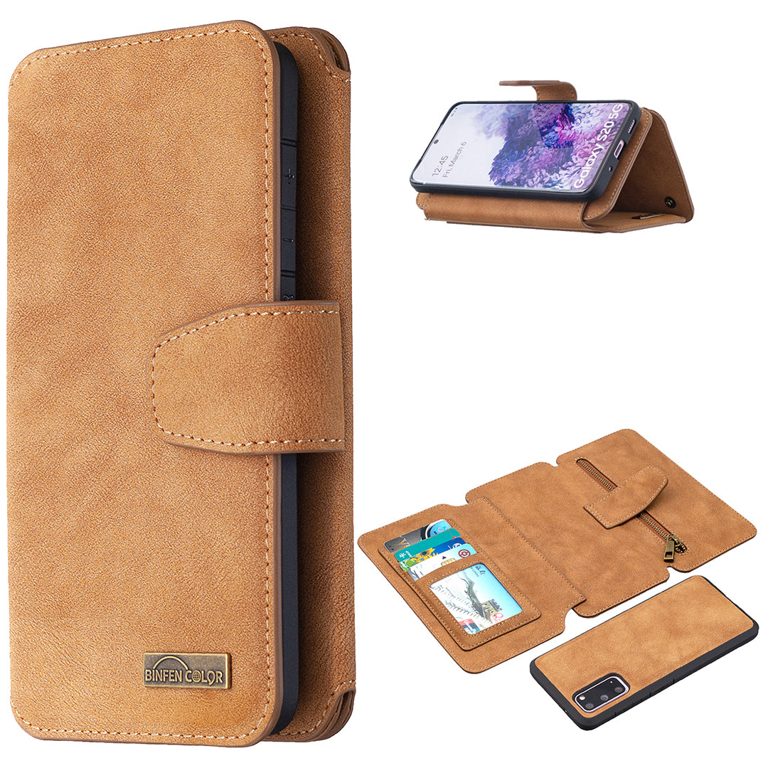 Detachable Matte Finish Leather Wallet Phone Cover with Zippered Pocket for Samsung Galaxy S20 4G/S20 5G - Brown