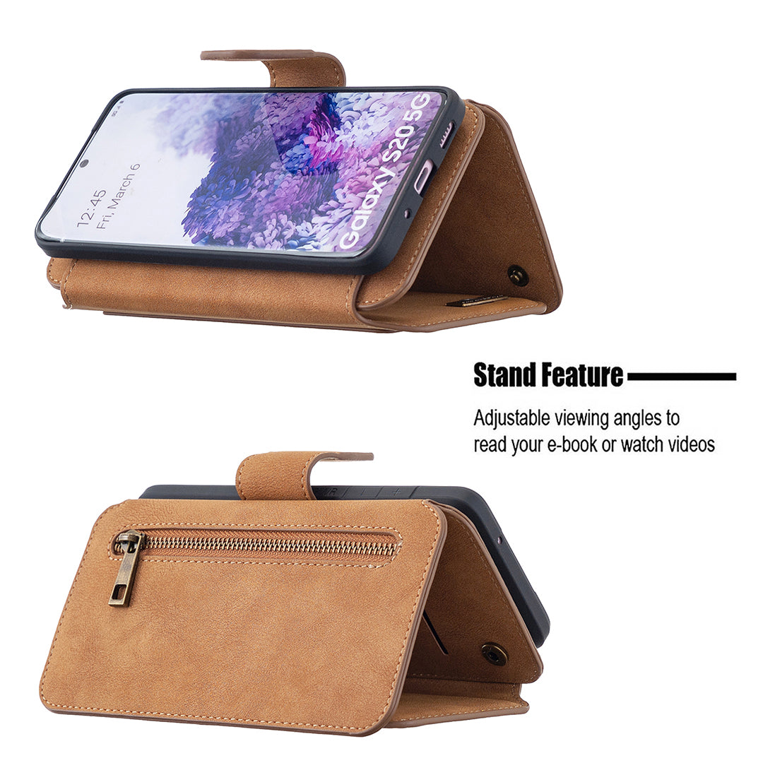 Detachable Matte Finish Leather Wallet Phone Cover with Zippered Pocket for Samsung Galaxy S20 4G/S20 5G - Brown