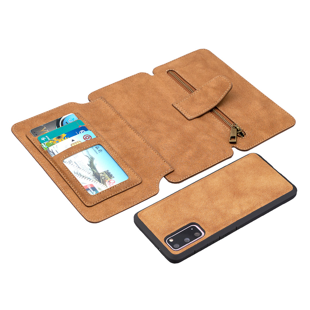 Detachable Matte Finish Leather Wallet Phone Cover with Zippered Pocket for Samsung Galaxy S20 4G/S20 5G - Brown