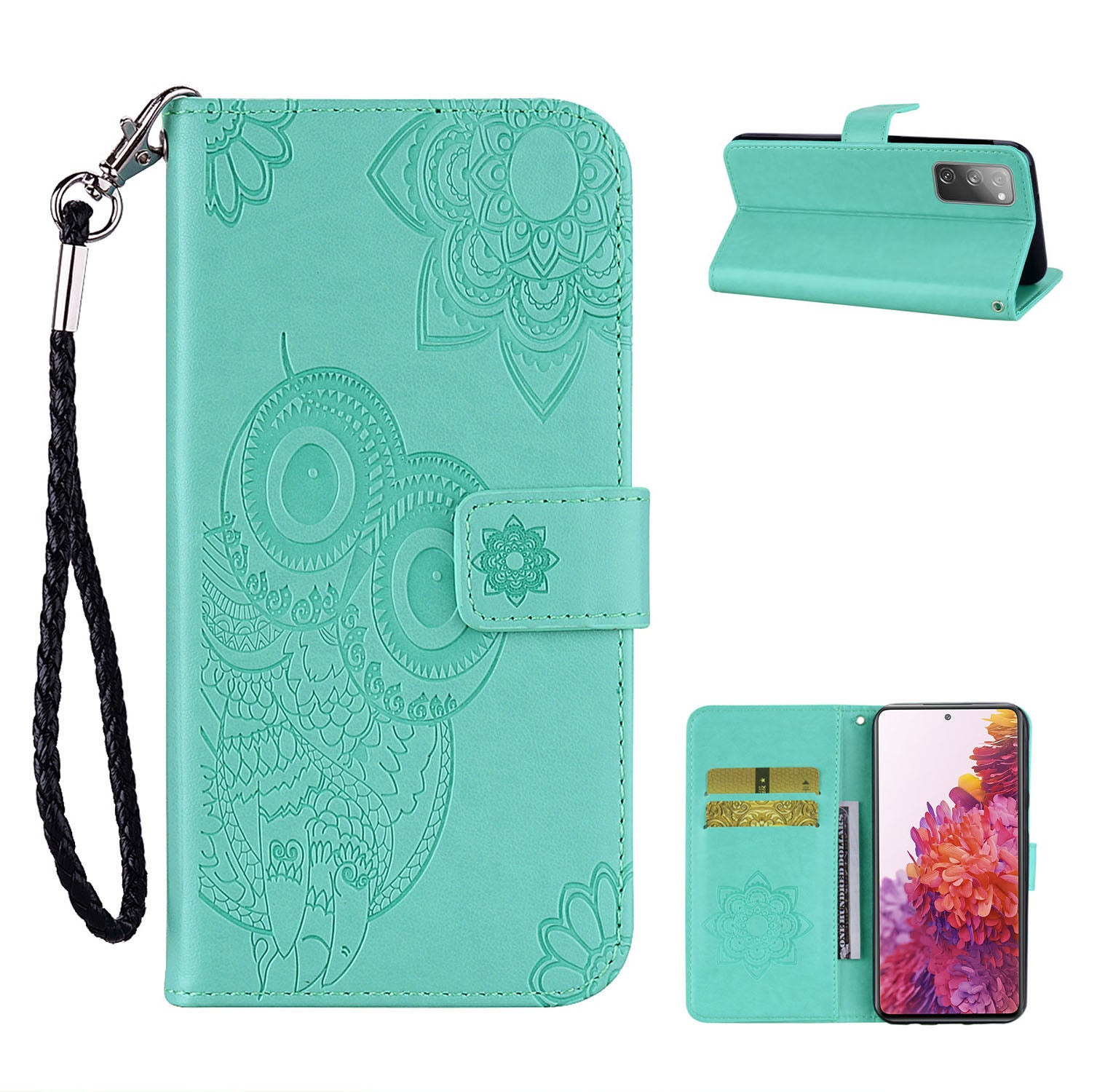 Owl Flower Imprint Leather Cover Mobile Shell for Samsung Galaxy S20 FE/S20 Fan Edition / S20 FE 5G/S20 Fan Edition 5G / S20 Lite  - Cyan