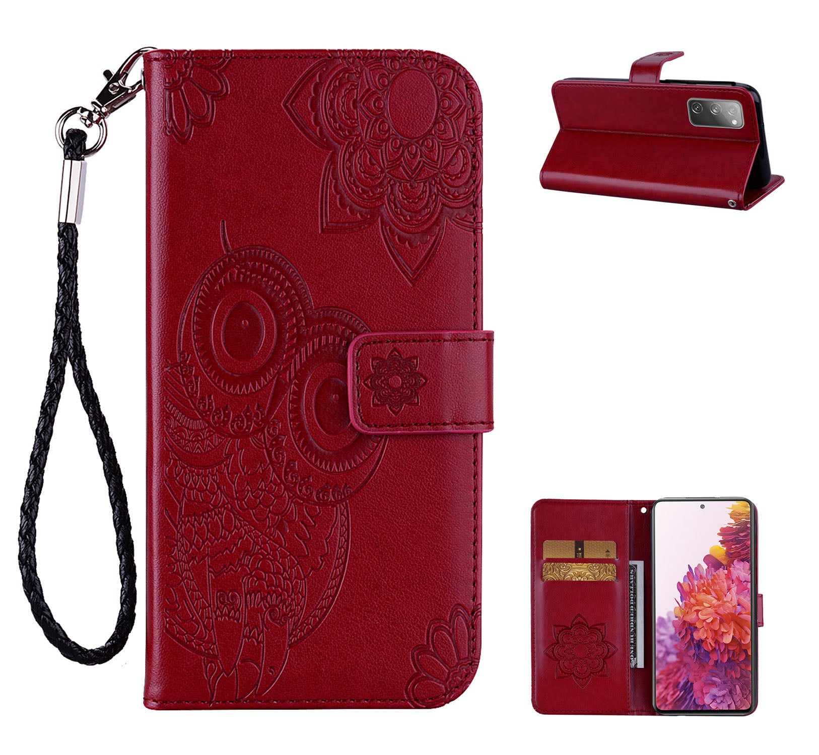 Owl Flower Imprint Leather Cover Mobile Shell for Samsung Galaxy S20 FE/S20 Fan Edition / S20 FE 5G/S20 Fan Edition 5G / S20 Lite  - Red