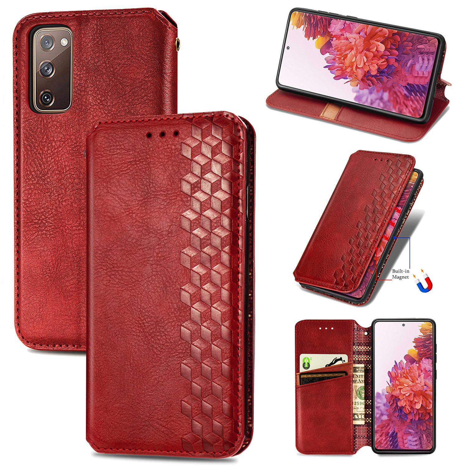 Auto-absorbed Diamond Texture PU Leather Cover for Samsung Galaxy S20 FE/S20 Fan Edition/S20 FE 5G/S20 Fan Edition 5G/S20 Lite/S20 FE 2022 - Red