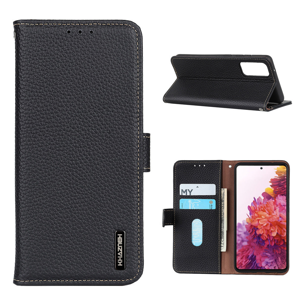 Litchi Grain Top Layer Genuine Leather Wallet Phone Case for Samsung Galaxy S20 FE/Fan Edition/S20 FE 5G/Fan Edition 5G/S20 Lite/S20 FE 2022 - Black