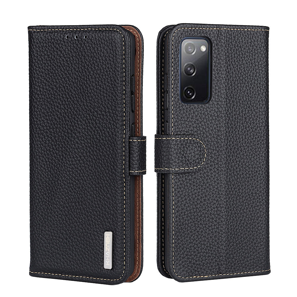 Litchi Grain Top Layer Genuine Leather Wallet Phone Case for Samsung Galaxy S20 FE/Fan Edition/S20 FE 5G/Fan Edition 5G/S20 Lite/S20 FE 2022 - Black