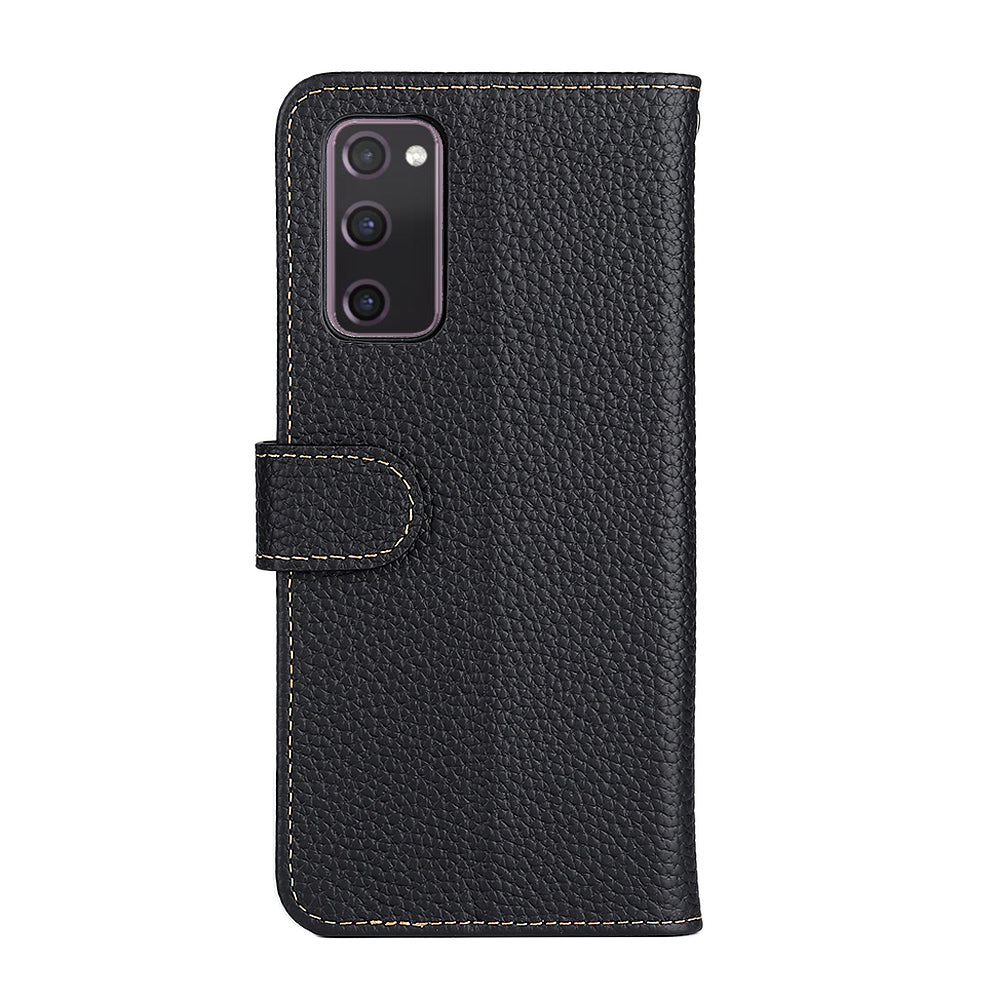 Litchi Grain Top Layer Genuine Leather Wallet Phone Case for Samsung Galaxy S20 FE/Fan Edition/S20 FE 5G/Fan Edition 5G/S20 Lite/S20 FE 2022 - Black