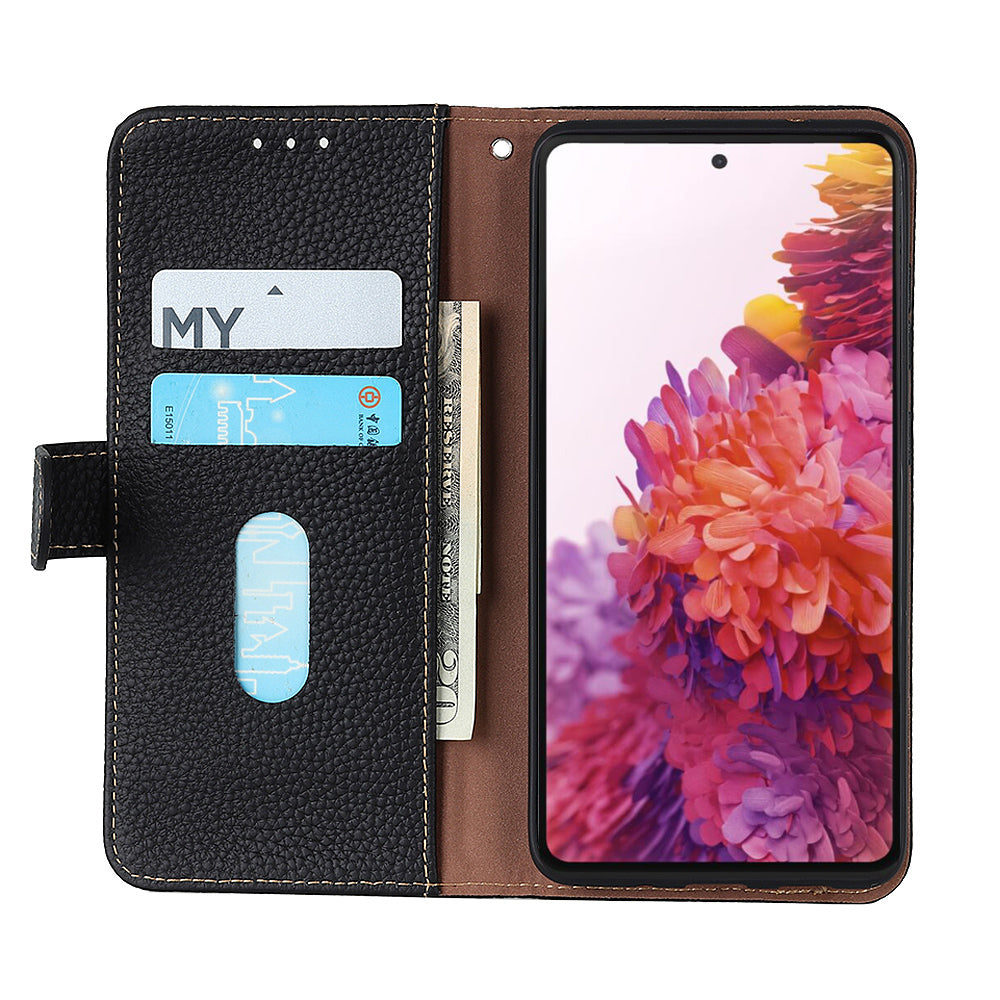 Litchi Grain Top Layer Genuine Leather Wallet Phone Case for Samsung Galaxy S20 FE/Fan Edition/S20 FE 5G/Fan Edition 5G/S20 Lite/S20 FE 2022 - Black