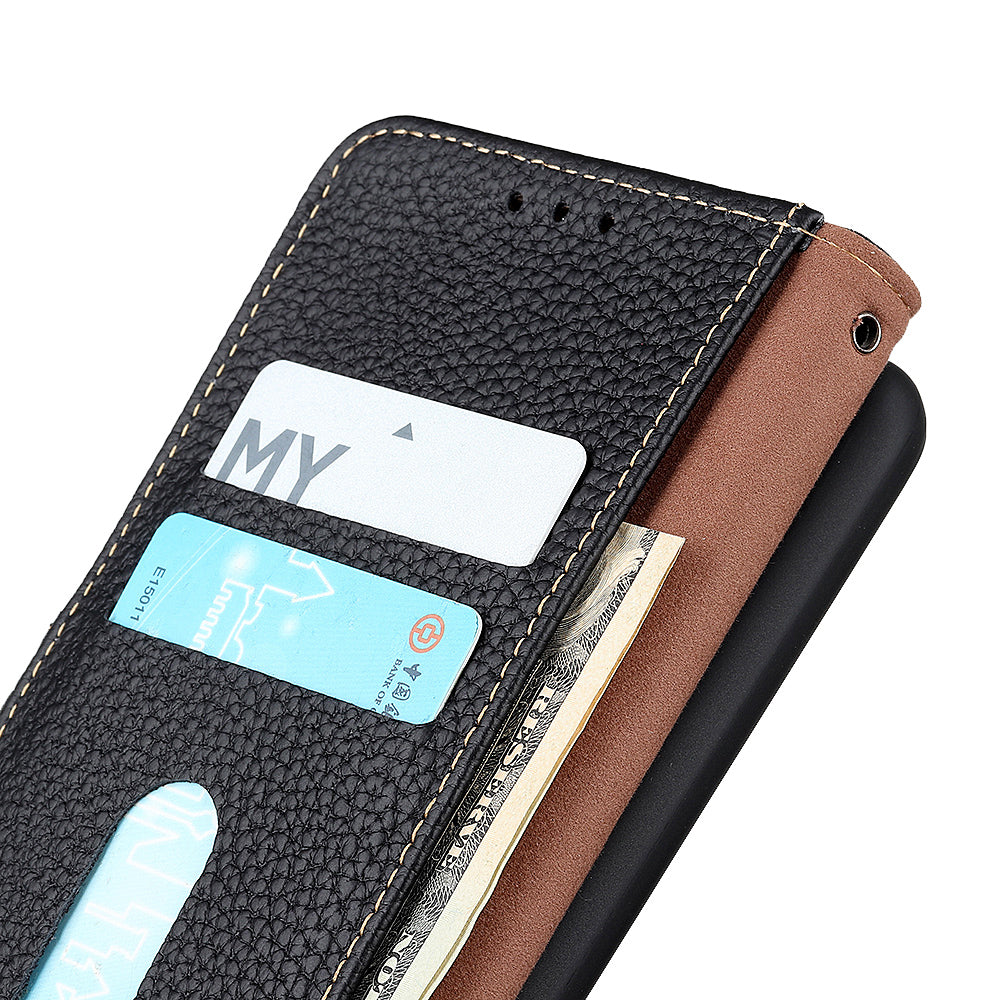 Litchi Grain Top Layer Genuine Leather Wallet Phone Case for Samsung Galaxy S20 FE/Fan Edition/S20 FE 5G/Fan Edition 5G/S20 Lite/S20 FE 2022 - Black