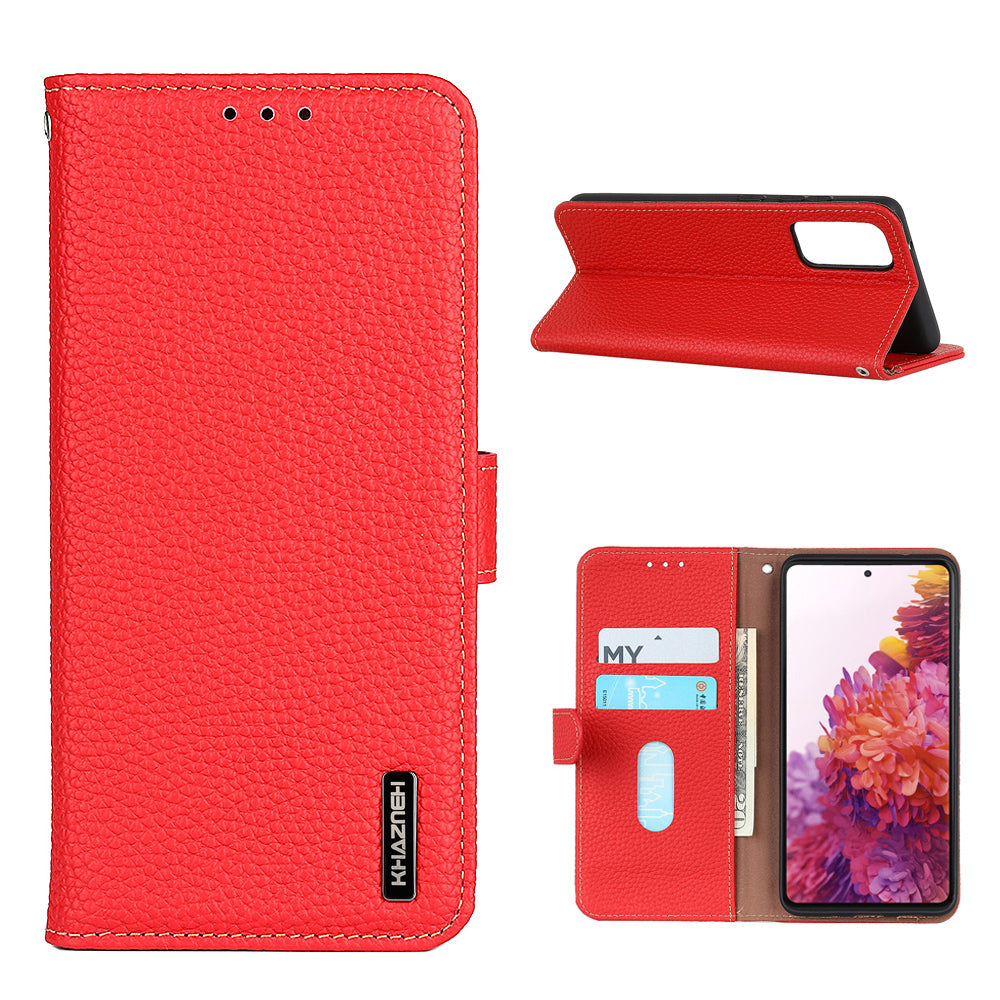 Litchi Grain Top Layer Genuine Leather Wallet Phone Case for Samsung Galaxy S20 FE/Fan Edition/S20 FE 5G/Fan Edition 5G/S20 Lite/S20 FE 2022 - Red