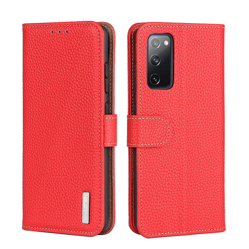 Litchi Grain Top Layer Genuine Leather Wallet Phone Case for Samsung Galaxy S20 FE/Fan Edition/S20 FE 5G/Fan Edition 5G/S20 Lite/S20 FE 2022 - Red