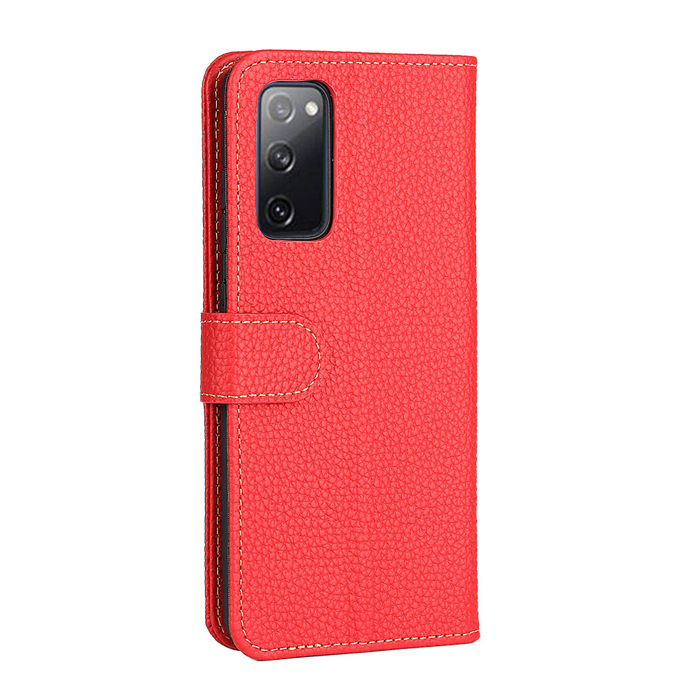 Litchi Grain Top Layer Genuine Leather Wallet Phone Case for Samsung Galaxy S20 FE/Fan Edition/S20 FE 5G/Fan Edition 5G/S20 Lite/S20 FE 2022 - Red