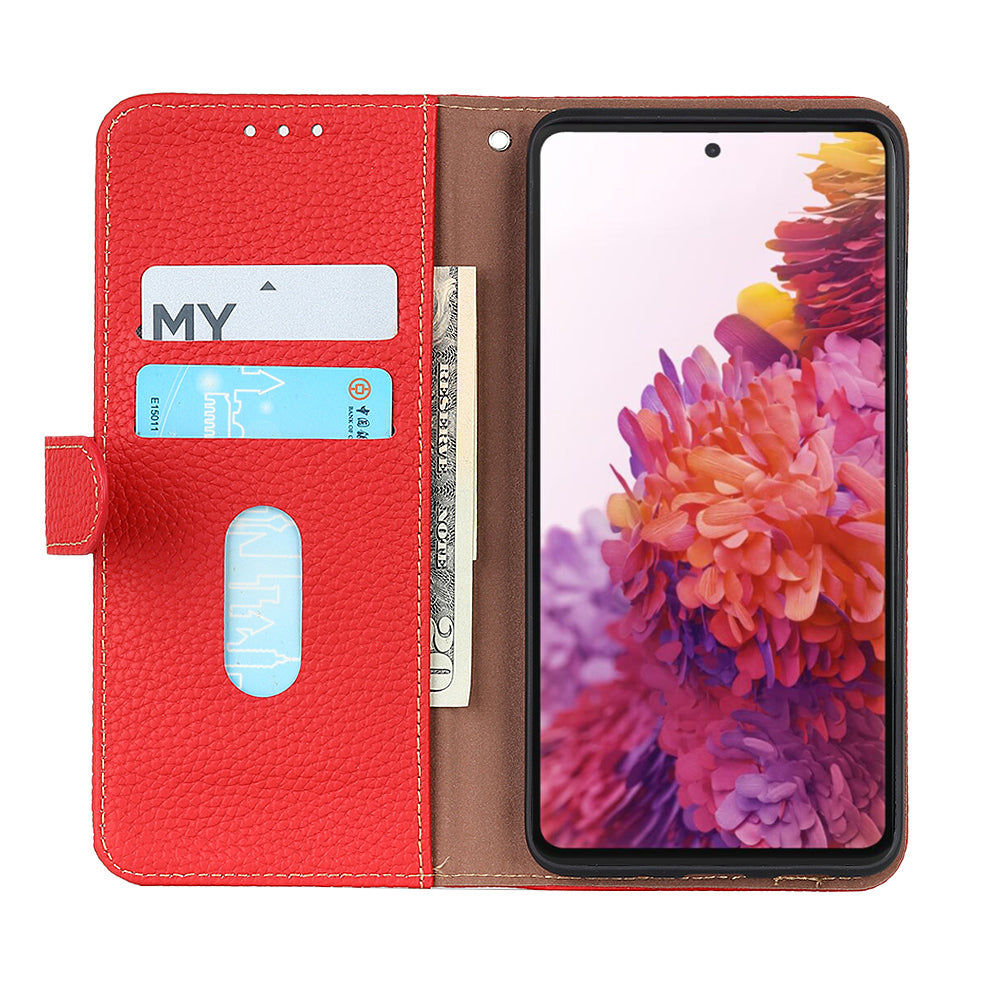 Litchi Grain Top Layer Genuine Leather Wallet Phone Case for Samsung Galaxy S20 FE/Fan Edition/S20 FE 5G/Fan Edition 5G/S20 Lite/S20 FE 2022 - Red