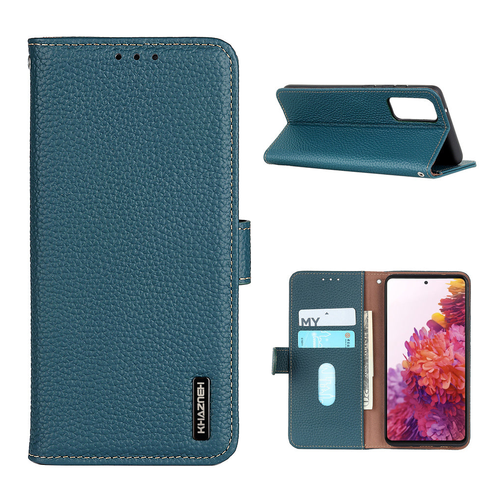 Litchi Grain Top Layer Genuine Leather Wallet Phone Case for Samsung Galaxy S20 FE/Fan Edition/S20 FE 5G/Fan Edition 5G/S20 Lite/S20 FE 2022 - Green