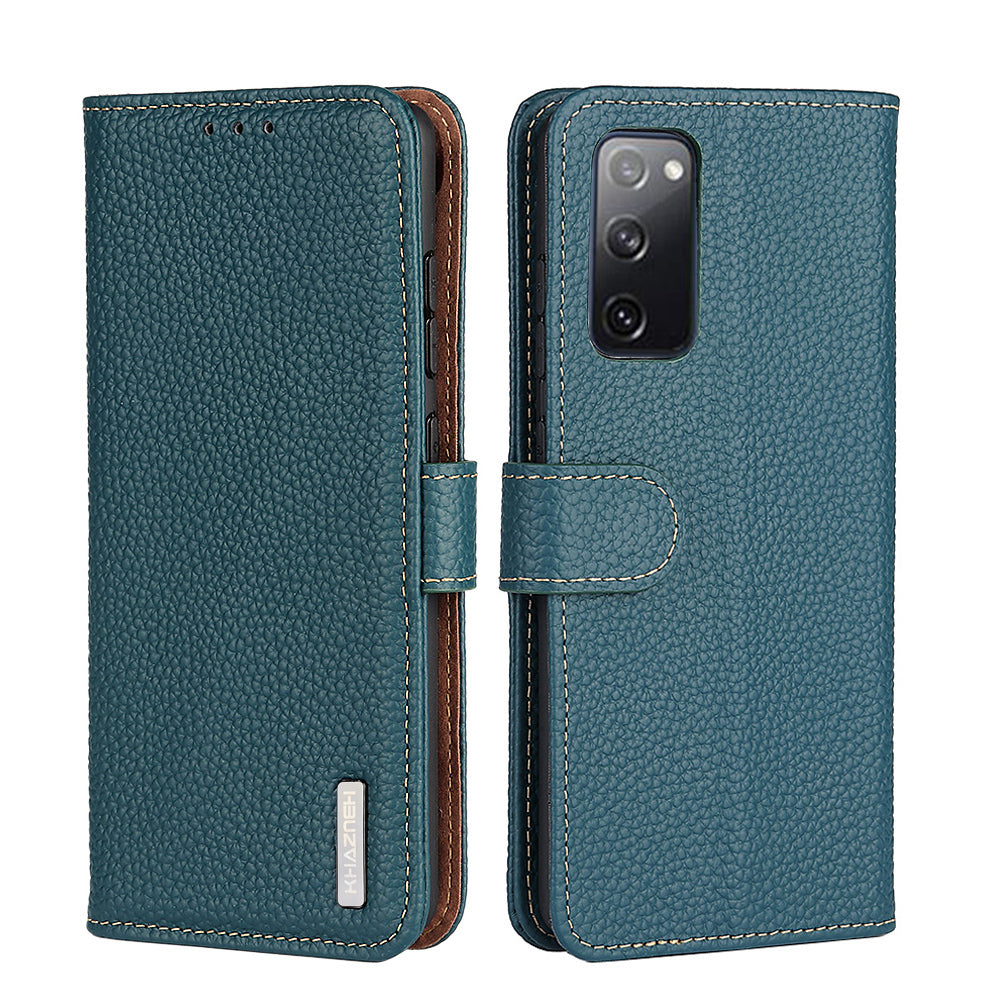 Litchi Grain Top Layer Genuine Leather Wallet Phone Case for Samsung Galaxy S20 FE/Fan Edition/S20 FE 5G/Fan Edition 5G/S20 Lite/S20 FE 2022 - Green