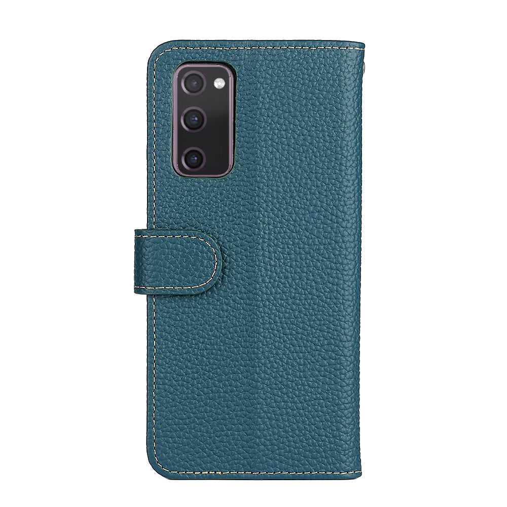 Litchi Grain Top Layer Genuine Leather Wallet Phone Case for Samsung Galaxy S20 FE/Fan Edition/S20 FE 5G/Fan Edition 5G/S20 Lite/S20 FE 2022 - Green