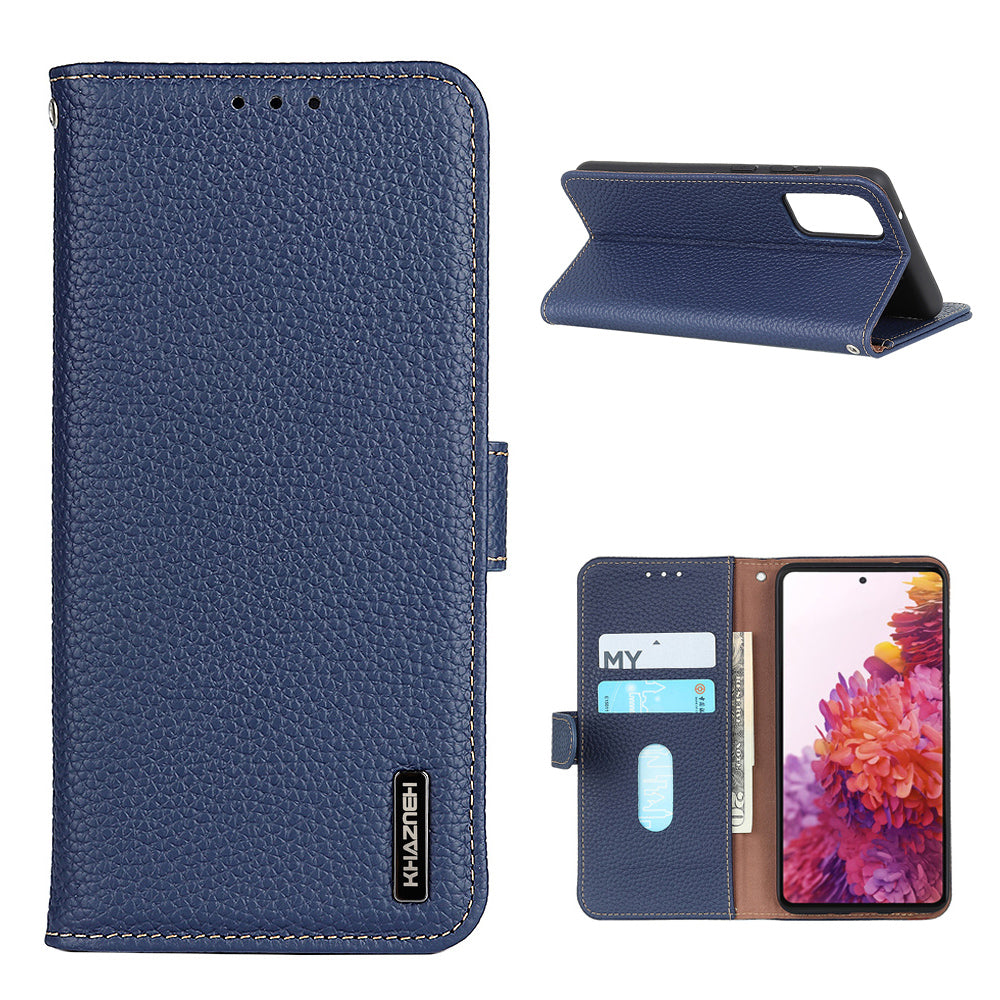 Litchi Grain Top Layer Genuine Leather Wallet Phone Case for Samsung Galaxy S20 FE/Fan Edition/S20 FE 5G/Fan Edition 5G/S20 Lite/S20 FE 2022 - Blue