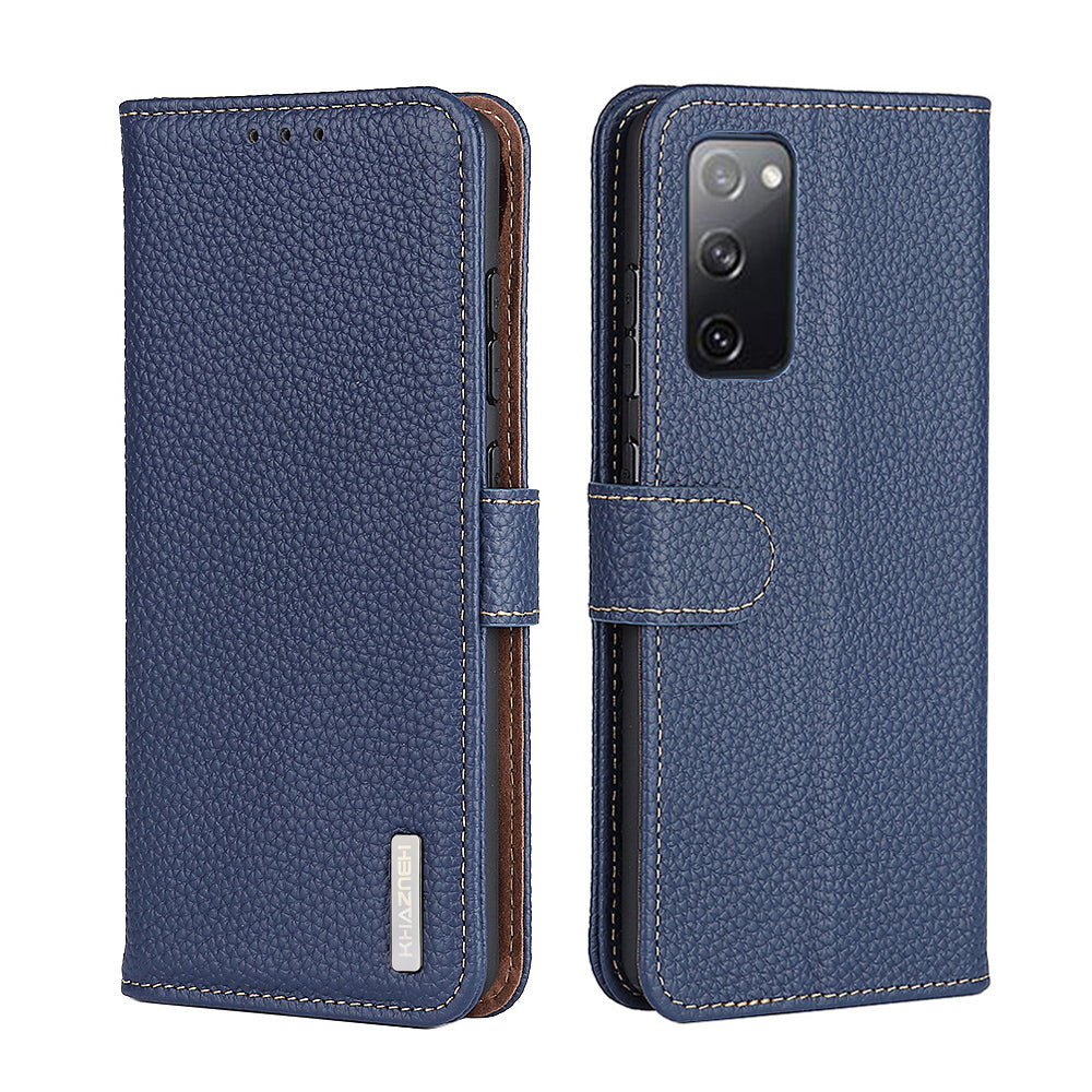 Litchi Grain Top Layer Genuine Leather Wallet Phone Case for Samsung Galaxy S20 FE/Fan Edition/S20 FE 5G/Fan Edition 5G/S20 Lite/S20 FE 2022 - Blue