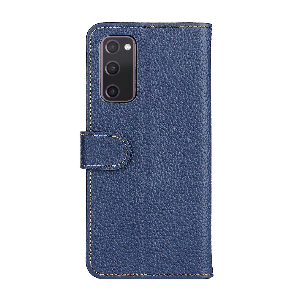 Litchi Grain Top Layer Genuine Leather Wallet Phone Case for Samsung Galaxy S20 FE/Fan Edition/S20 FE 5G/Fan Edition 5G/S20 Lite/S20 FE 2022 - Blue