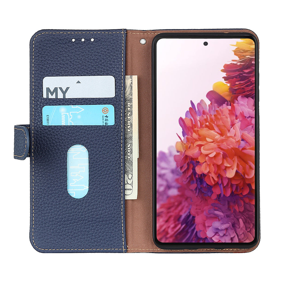 Litchi Grain Top Layer Genuine Leather Wallet Phone Case for Samsung Galaxy S20 FE/Fan Edition/S20 FE 5G/Fan Edition 5G/S20 Lite/S20 FE 2022 - Blue