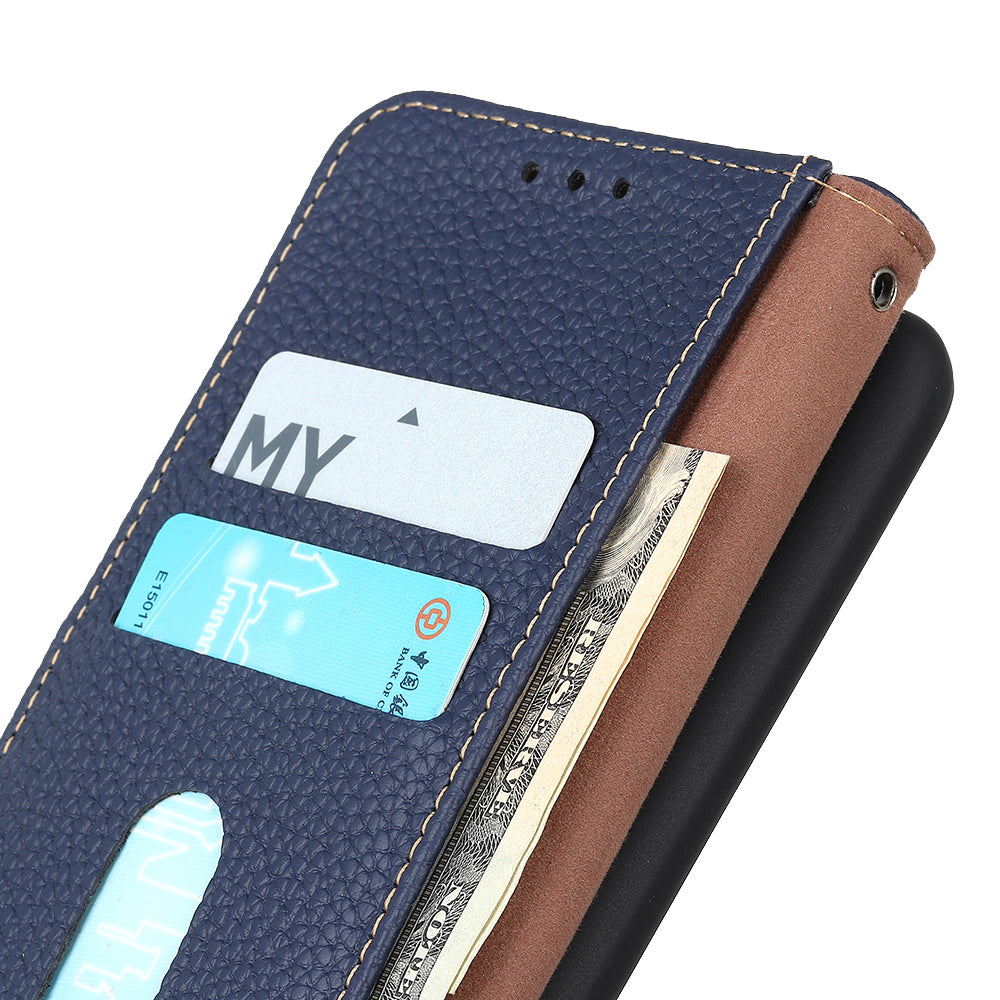 Litchi Grain Top Layer Genuine Leather Wallet Phone Case for Samsung Galaxy S20 FE/Fan Edition/S20 FE 5G/Fan Edition 5G/S20 Lite/S20 FE 2022 - Blue