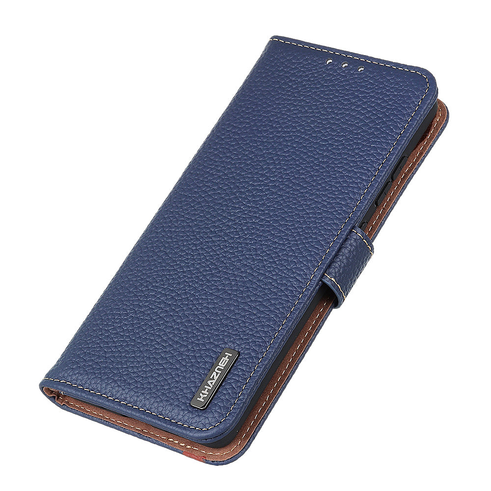 Litchi Grain Top Layer Genuine Leather Wallet Phone Case for Samsung Galaxy S20 FE/Fan Edition/S20 FE 5G/Fan Edition 5G/S20 Lite/S20 FE 2022 - Blue