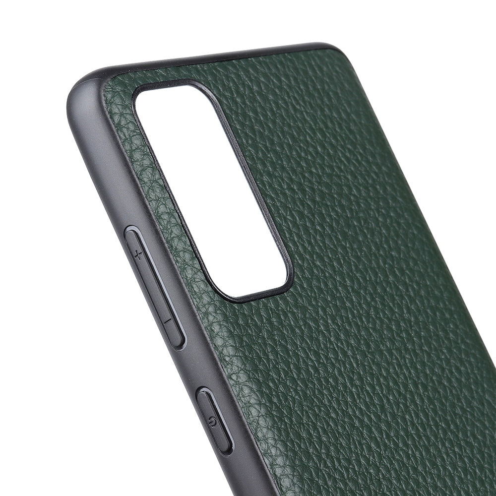 For Samsung Galaxy S20 FE/Fan Edition/S20 FE 5G/Fan Edition 5G/S20 Lite/S20 FE 2022 Litchi Texture Genuine Leather Coated TPU PC Combo Case - Dark Green