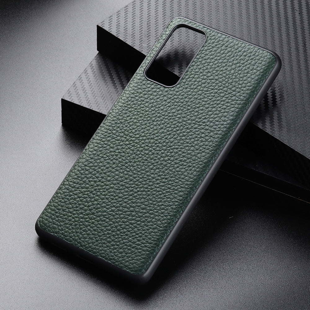 For Samsung Galaxy S20 FE/Fan Edition/S20 FE 5G/Fan Edition 5G/S20 Lite/S20 FE 2022 Litchi Texture Genuine Leather Coated TPU PC Combo Case - Dark Green