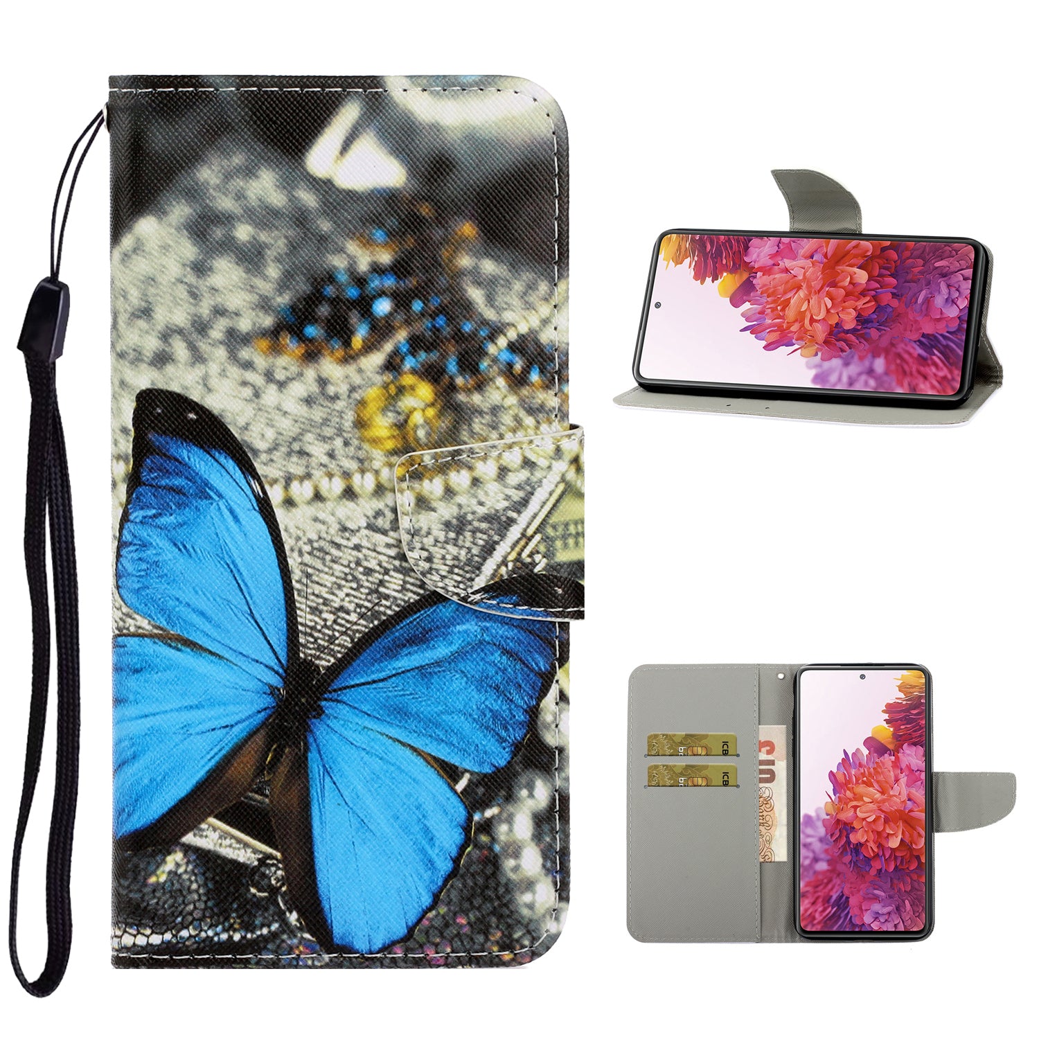 For Samsung Galaxy S20 FE/Fan Edition/S20 FE 5G/Fan Edition 5G/S20 Lite/S20 FE 2022 Pattern Printing Flip Leather Wallet Protective Case - Blue Butterfly