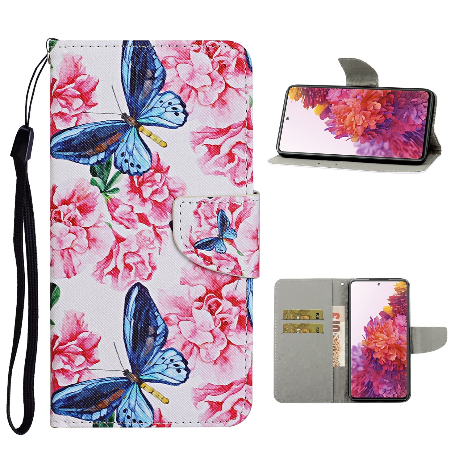 For Samsung Galaxy S20 FE 5G/Fan Edition 5G/S20 FE/Fan Edition/S20 Lite/S20 FE 2022 Pattern Printing Flip Leather Wallet Protective Case - Blue Butterfly and Flowers