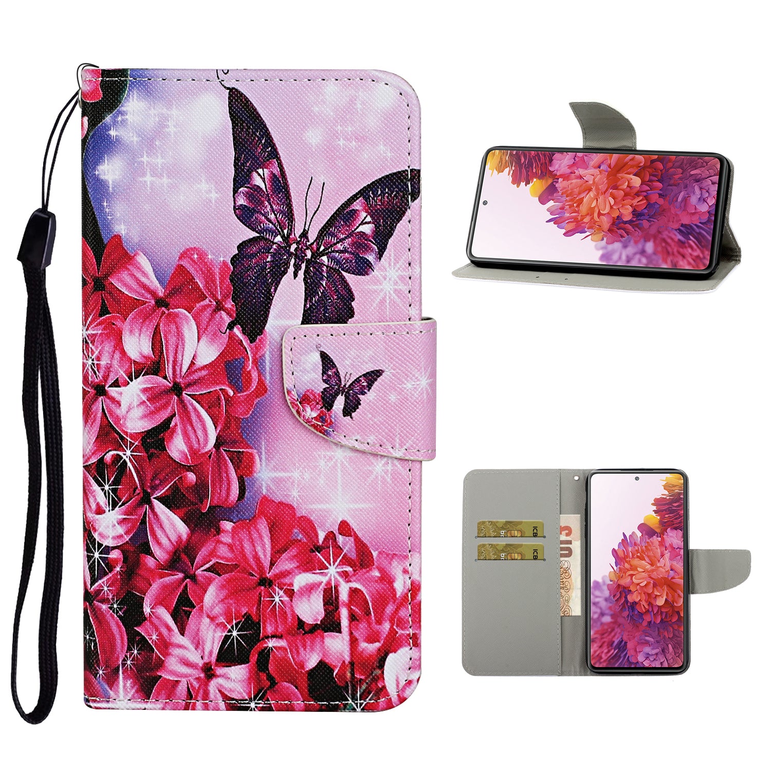 For Samsung Galaxy S20 FE 5G/Fan Edition 5G/S20 FE/Fan Edition/S20 Lite/S20 FE 2022 Pattern Printing Flip Leather Wallet Protective Case - Red Flower and Butterfly