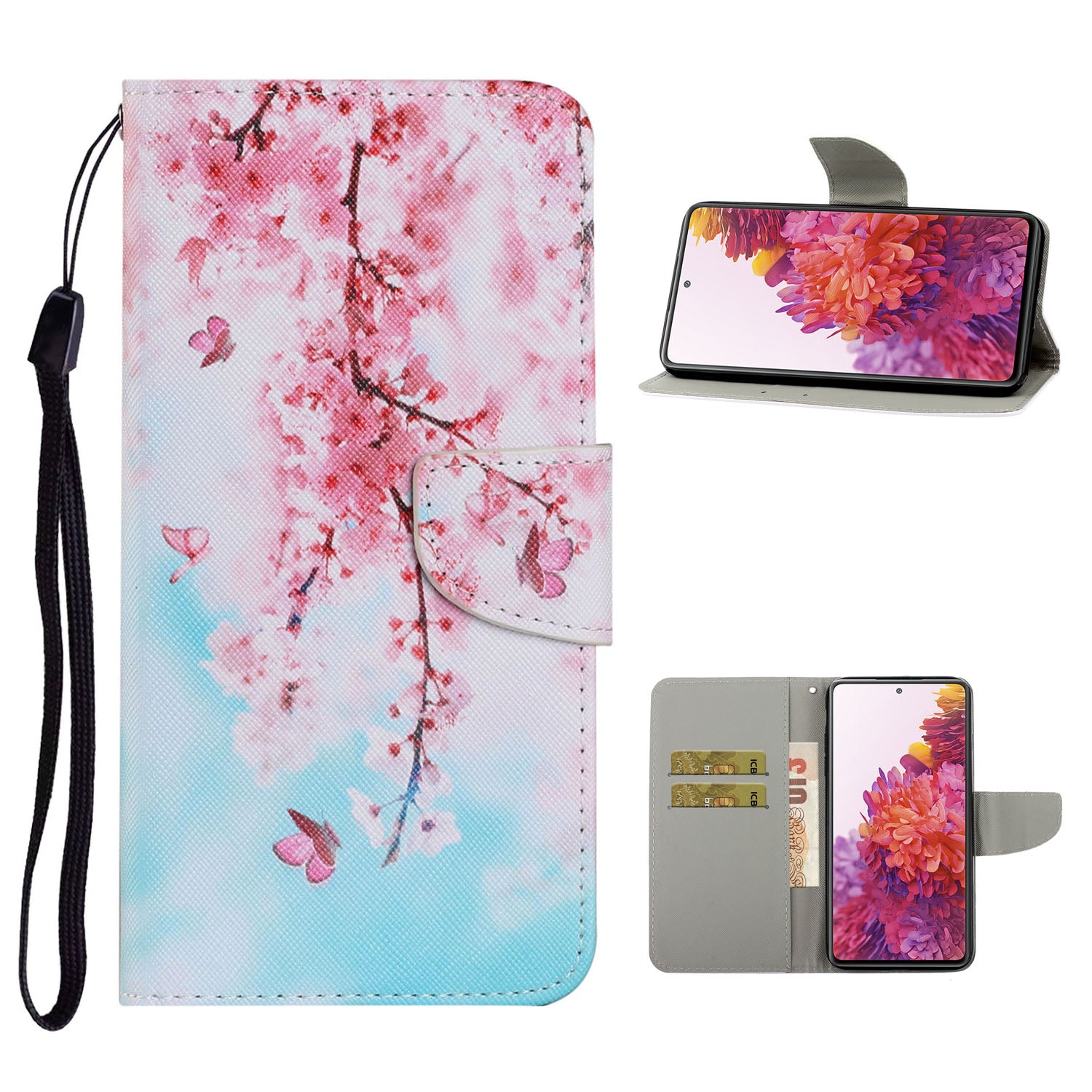 For Samsung Galaxy S20 FE 5G/Fan Edition 5G/S20 FE/Fan Edition/S20 Lite/S20 FE 2022 Pattern Printing PU Leather Case Flip Stand Wallet Protective Cover - Cherry Blossom