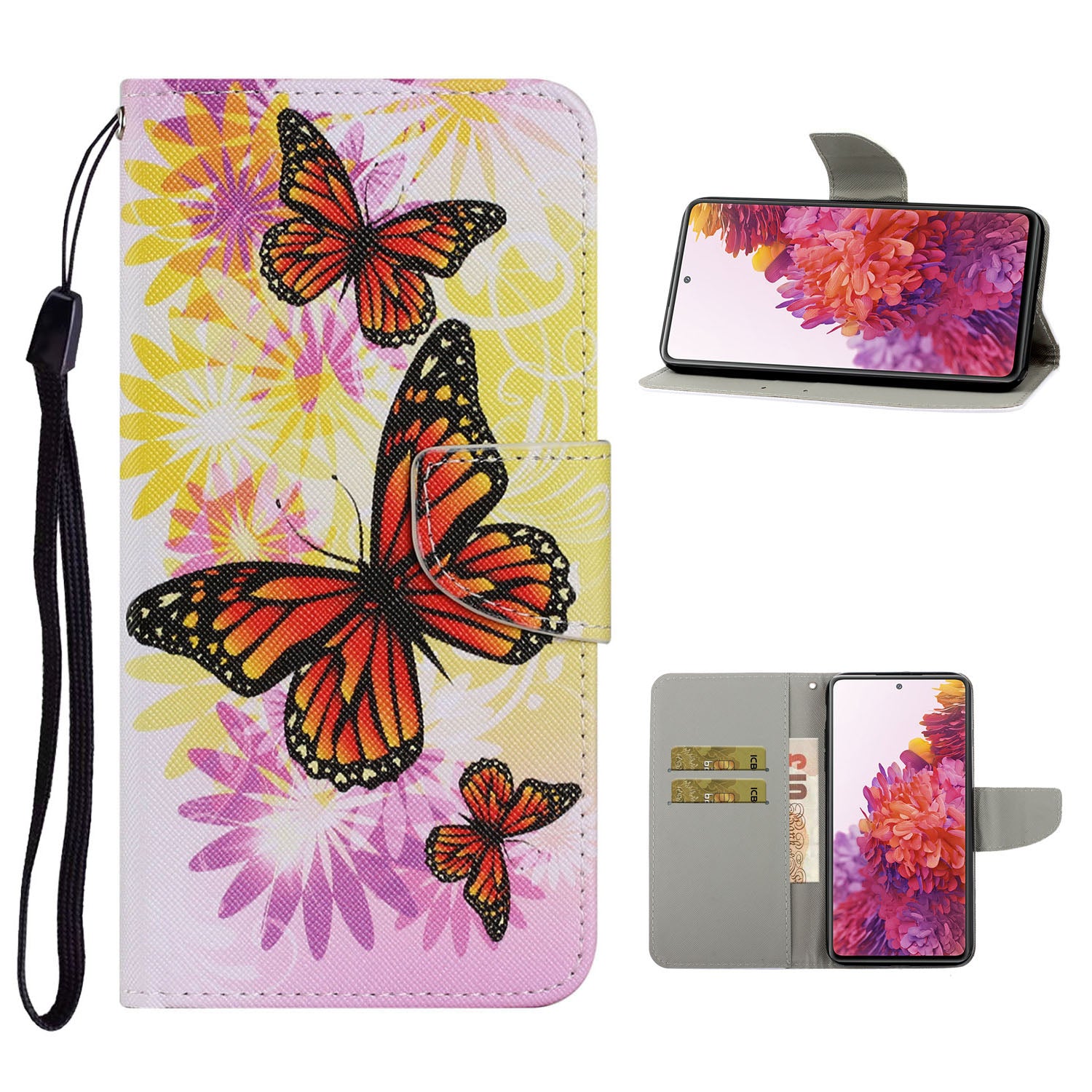 For Samsung Galaxy S20 FE 5G/Fan Edition 5G/S20 FE/Fan Edition/S20 Lite/S20 FE 2022 Pattern Printing PU Leather Case Flip Stand Wallet Protective Cover - Orange Butterflies