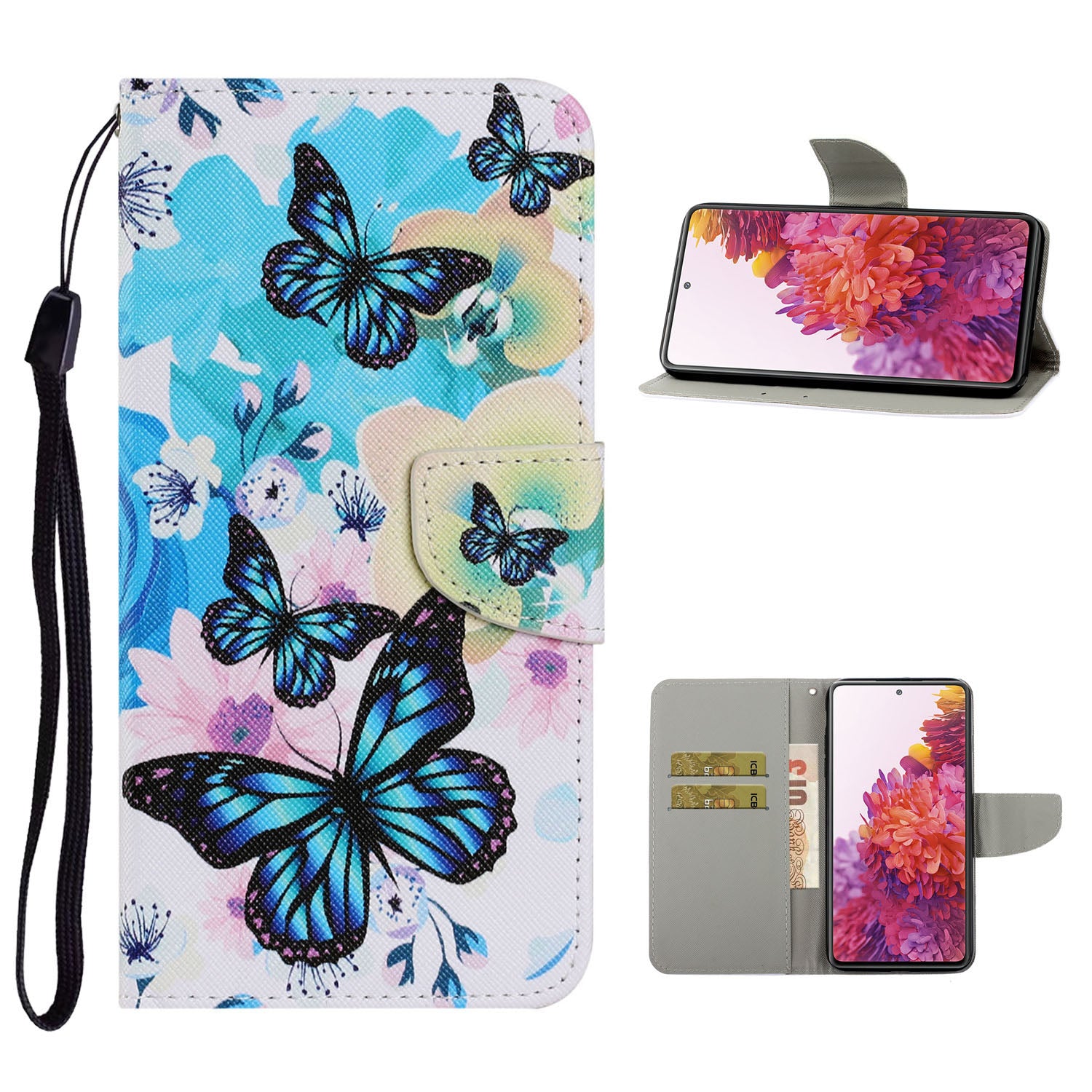 For Samsung Galaxy S20 FE 5G/Fan Edition 5G/S20 FE/Fan Edition/S20 Lite/S20 FE 2022 Pattern Printing PU Leather Case Flip Stand Wallet Protective Cover - Blue Butterflies