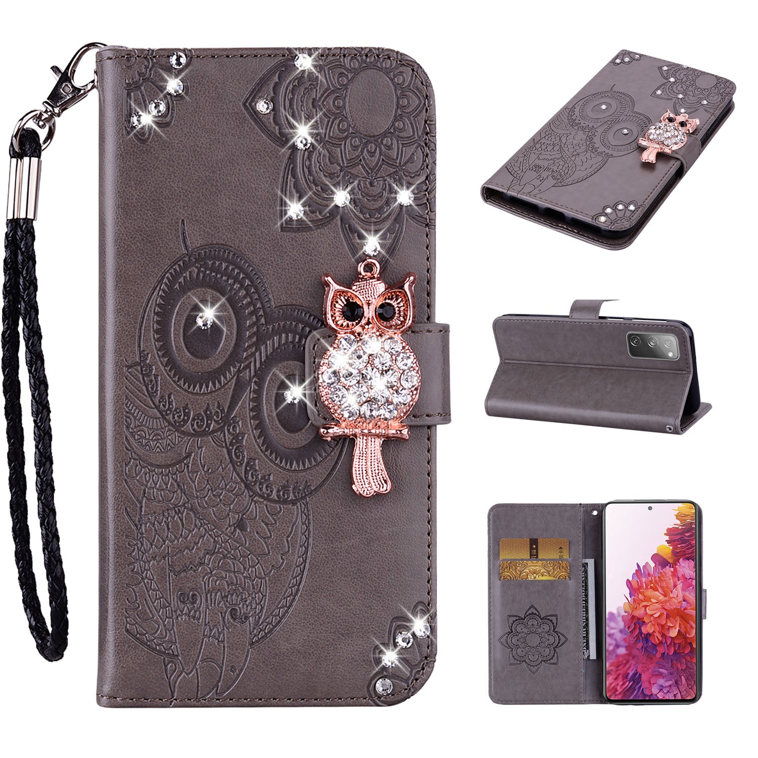 For Samsung Galaxy S20 FE/S20 Fan Edition/S20 FE 5G/S20 Fan Edition 5G/S20 Lite/S20 FE 2022 Rhinestone Decoration Imprint Owl Leather Shell Wallet Stand Phone Cover - Grey