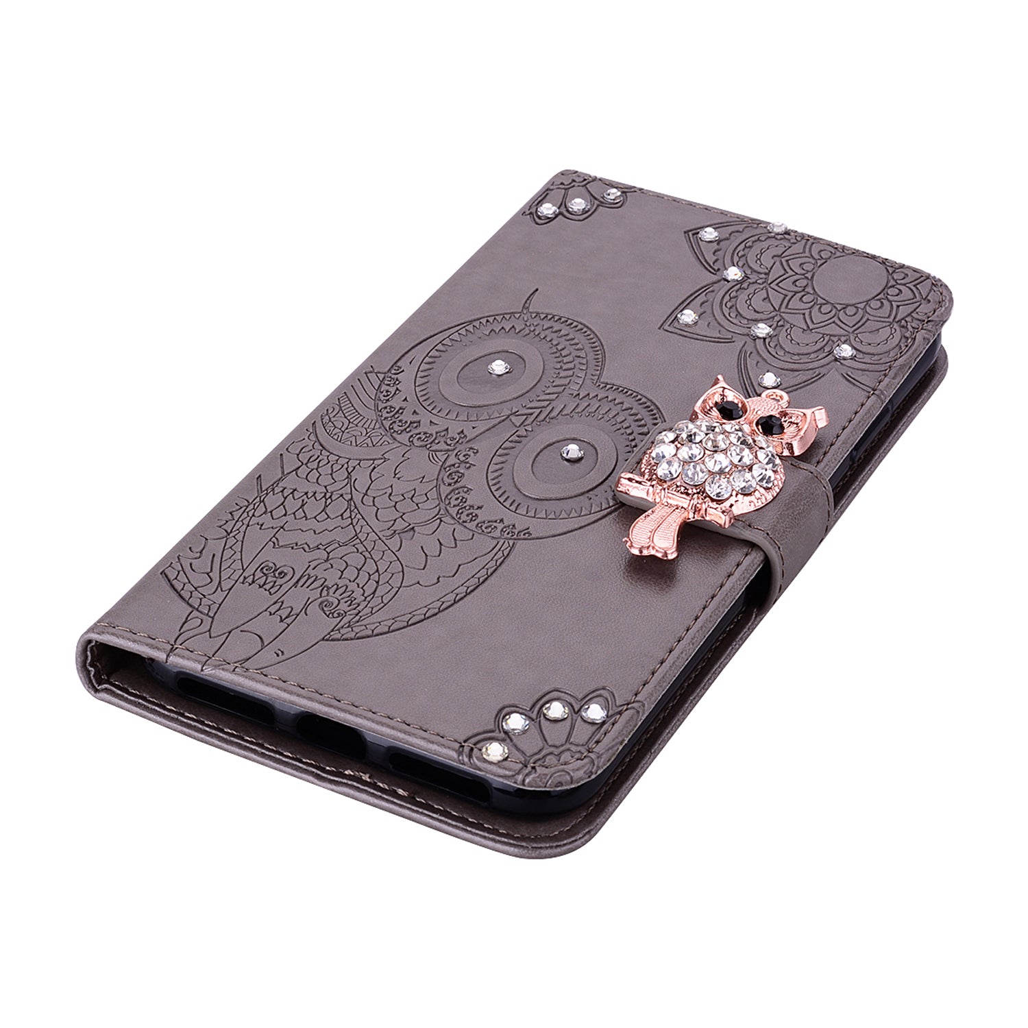 For Samsung Galaxy S20 FE/S20 Fan Edition/S20 FE 5G/S20 Fan Edition 5G/S20 Lite/S20 FE 2022 Rhinestone Decoration Imprint Owl Leather Shell Wallet Stand Phone Cover - Grey