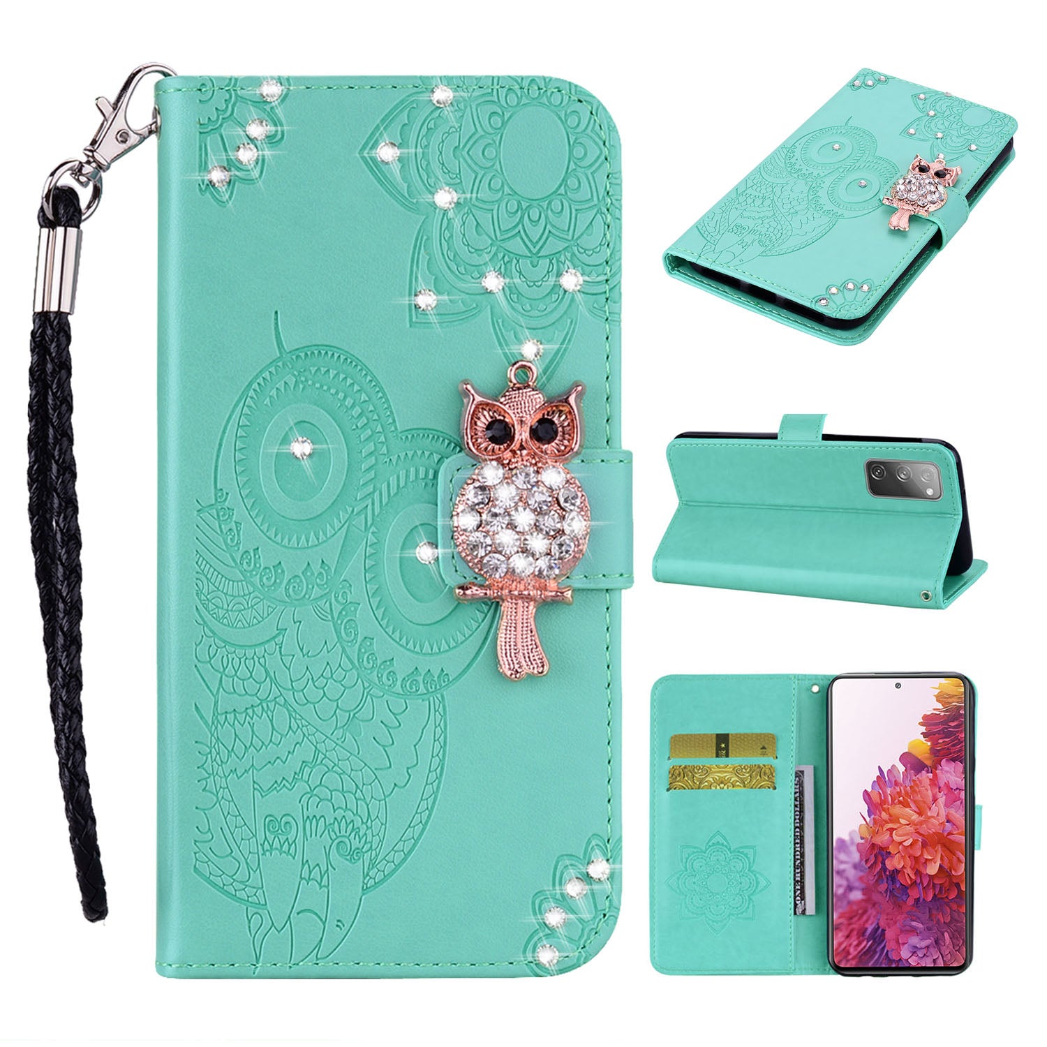 For Samsung Galaxy S20 FE/S20 Fan Edition/S20 FE 5G/S20 Fan Edition 5G/S20 Lite/S20 FE 2022 Rhinestone Decoration Imprint Owl Leather Shell Wallet Stand Phone Cover - Cyan