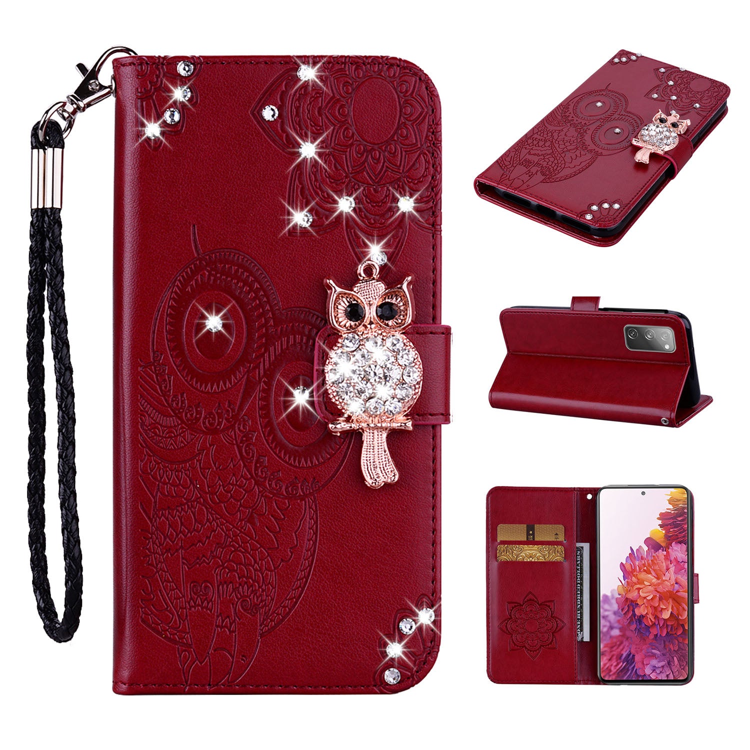 For Samsung Galaxy S20 FE/S20 Fan Edition/S20 FE 5G/S20 Fan Edition 5G/S20 Lite/S20 FE 2022 Rhinestone Decoration Imprint Owl Leather Shell Wallet Stand Phone Cover - Red