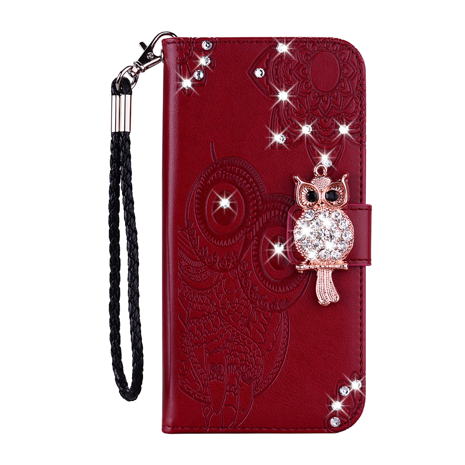 For Samsung Galaxy S20 FE/S20 Fan Edition/S20 FE 5G/S20 Fan Edition 5G/S20 Lite/S20 FE 2022 Rhinestone Decoration Imprint Owl Leather Shell Wallet Stand Phone Cover - Red