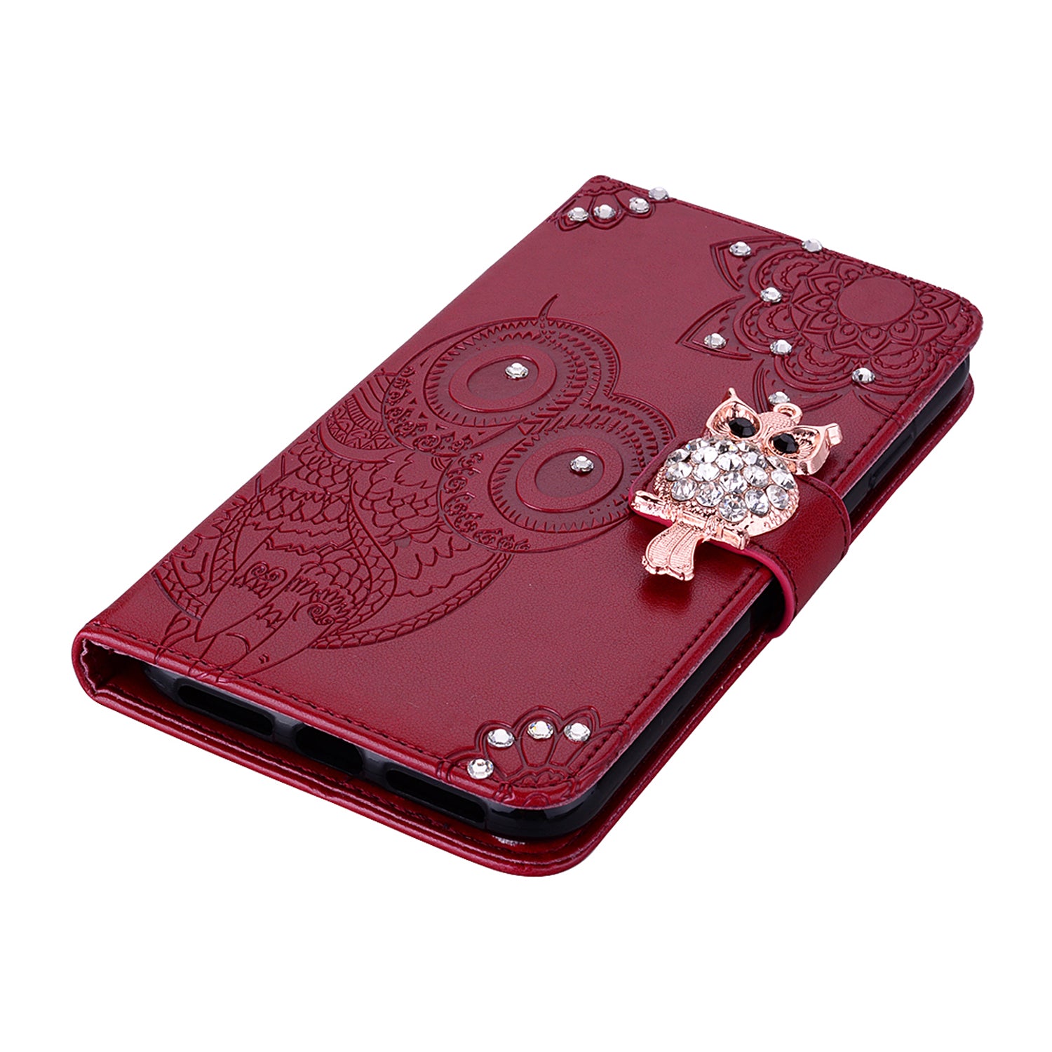 For Samsung Galaxy S20 FE/S20 Fan Edition/S20 FE 5G/S20 Fan Edition 5G/S20 Lite/S20 FE 2022 Rhinestone Decoration Imprint Owl Leather Shell Wallet Stand Phone Cover - Red