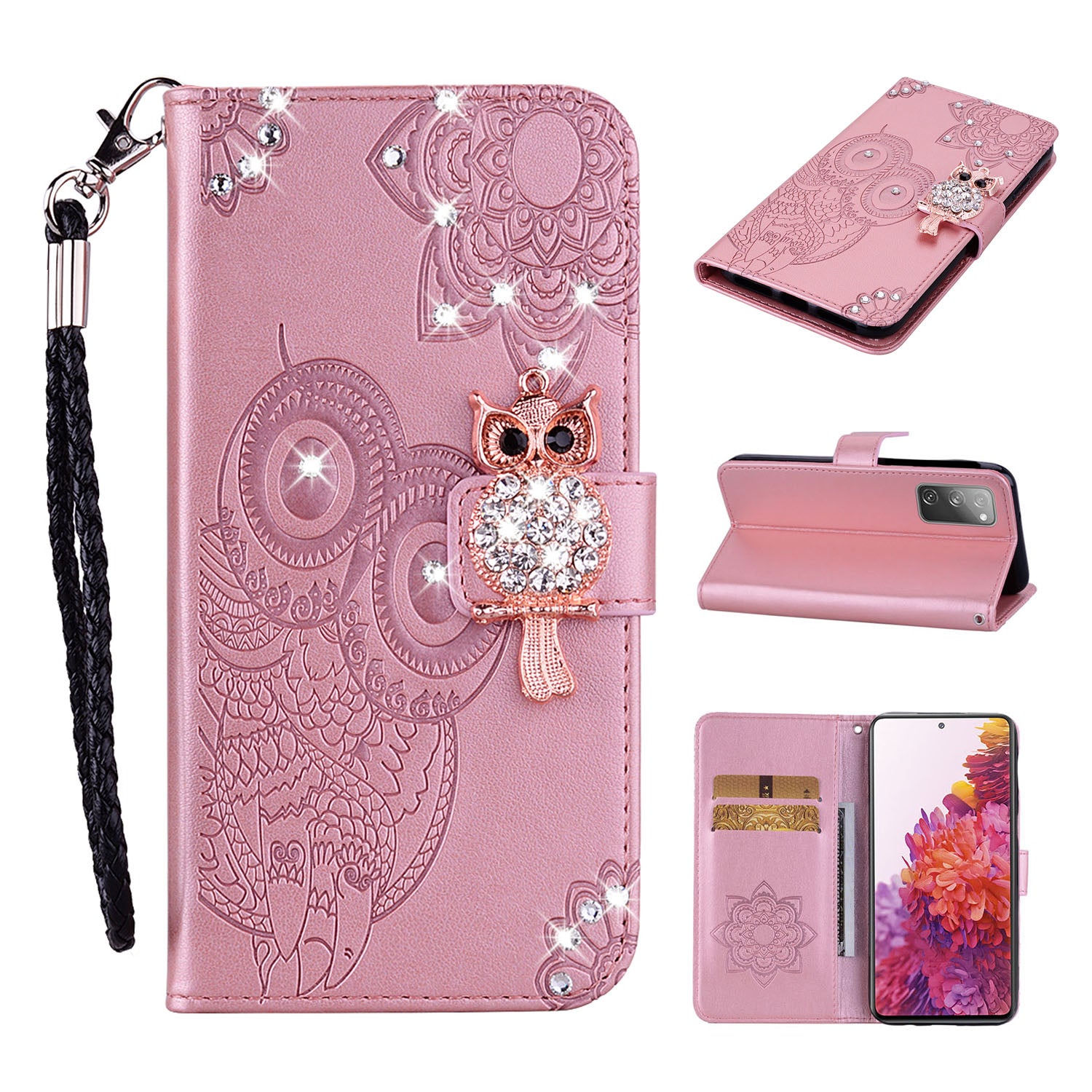 For Samsung Galaxy S20 FE/S20 Fan Edition/S20 FE 5G/S20 Fan Edition 5G/S20 Lite/S20 FE 2022 Rhinestone Decoration Imprint Owl Leather Shell Wallet Stand Phone Cover - Rose Gold