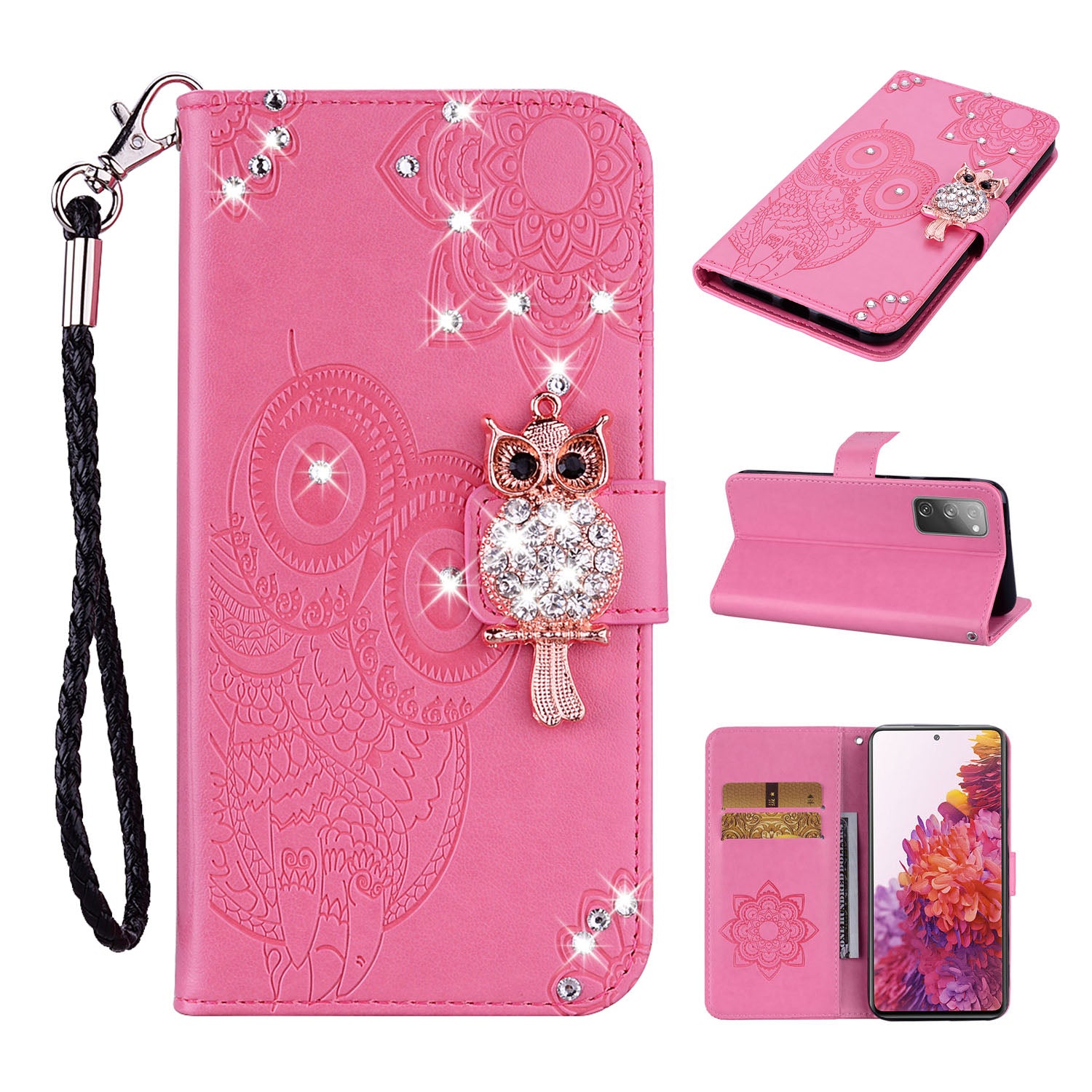 For Samsung Galaxy S20 FE/S20 Fan Edition/S20 FE 5G/S20 Fan Edition 5G/S20 Lite/S20 FE 2022 Rhinestone Decoration Imprint Owl Leather Shell Wallet Stand Phone Cover - Pink